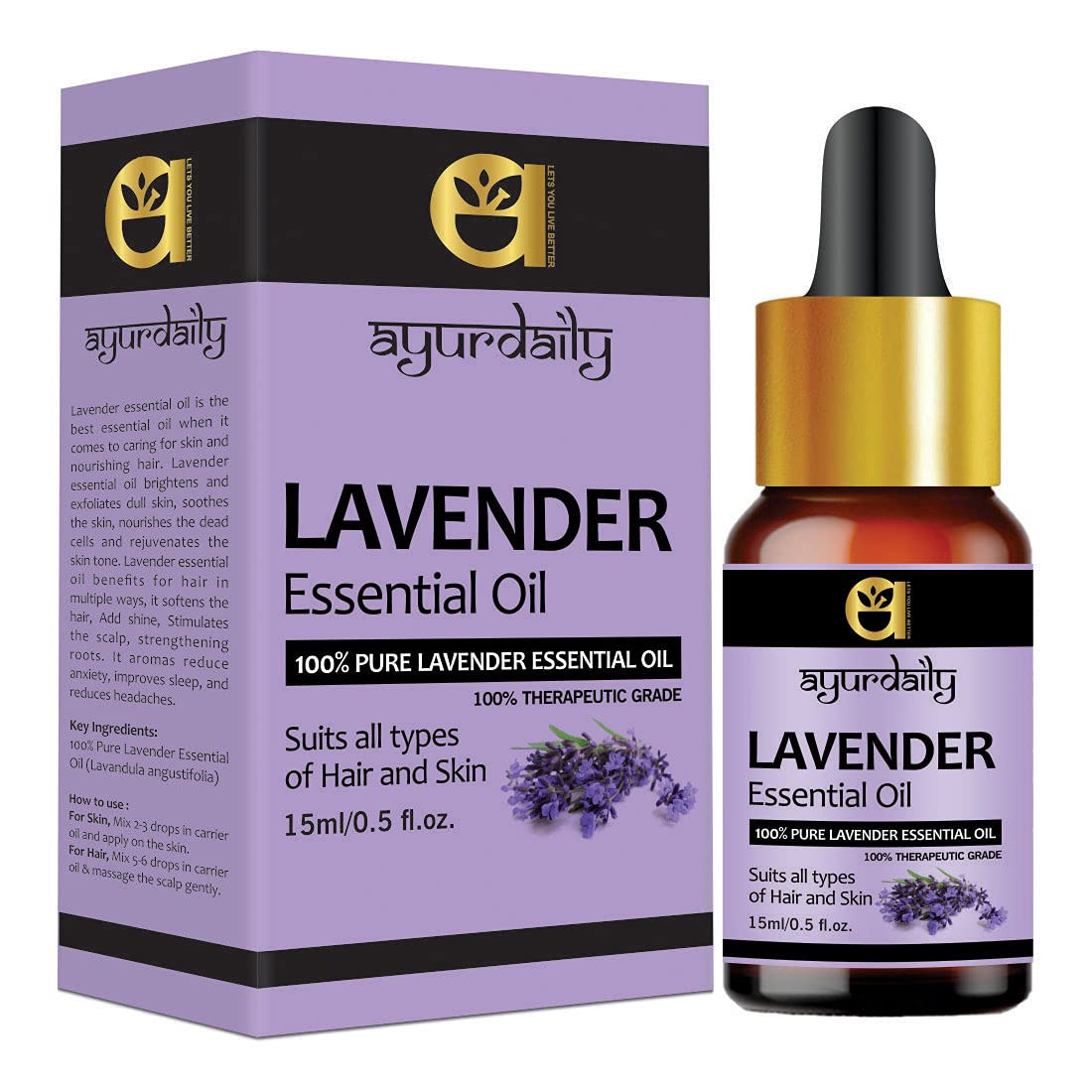 Ayurdaily 100% Pure Lavender Essential Oil - Natural, Undiluted for Hair, Skin & Face Care - 15ml - Perfect for Aromatherapy, Massage & Relaxation
