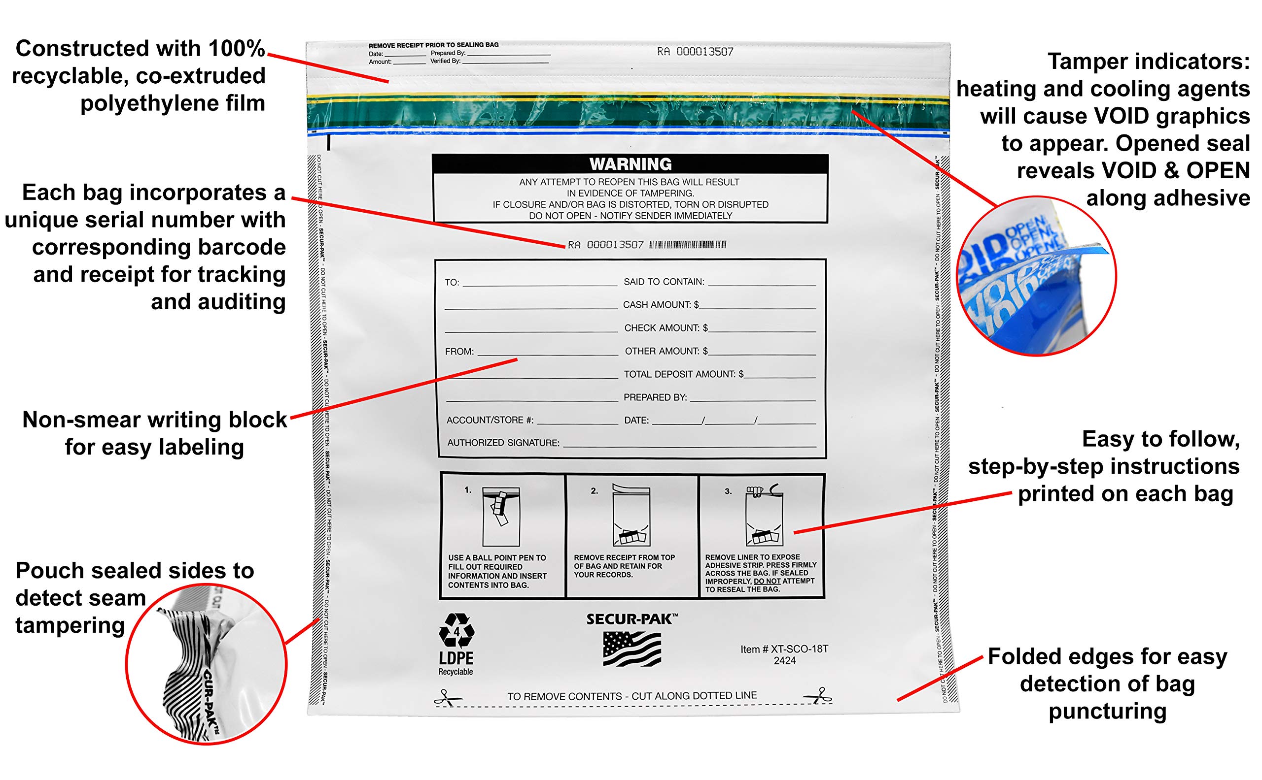 Premium Security Deposit Bags - 100 Pack, 15,000 Bill Capacity - Level 4 Tamper Evident, Self-Sealing White Opaque Bags - 2.5 Mil Thick Plastic - 24x24 Inches - SECUR-PAK - Ideal for Banks, Retail Stores & Cash Handling Businesses