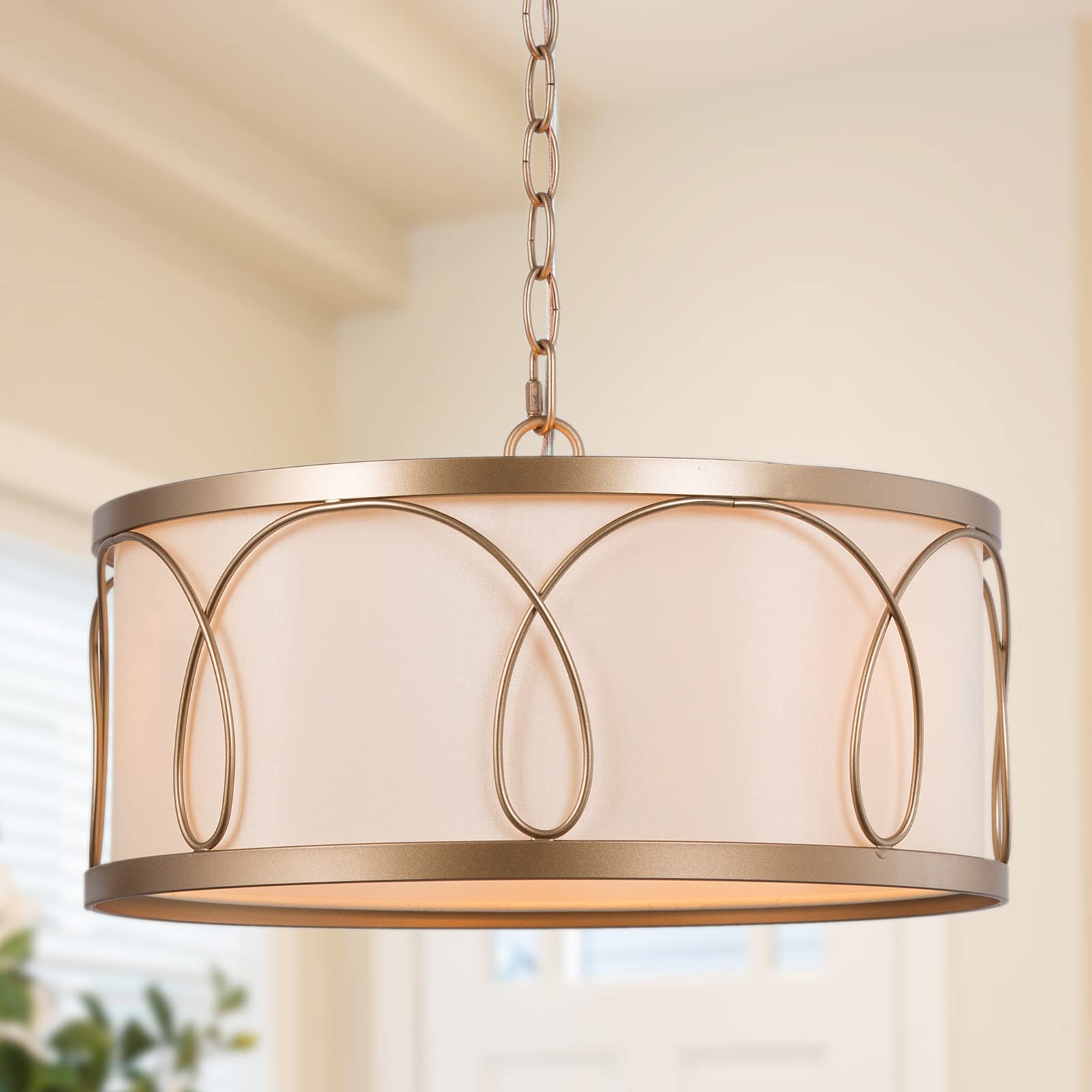 Classy Gold Drum Chandelier - 3-Light Modern Pendant Light with White Fabric Shade for Kitchen Island, Dining Room & Foyer - 16