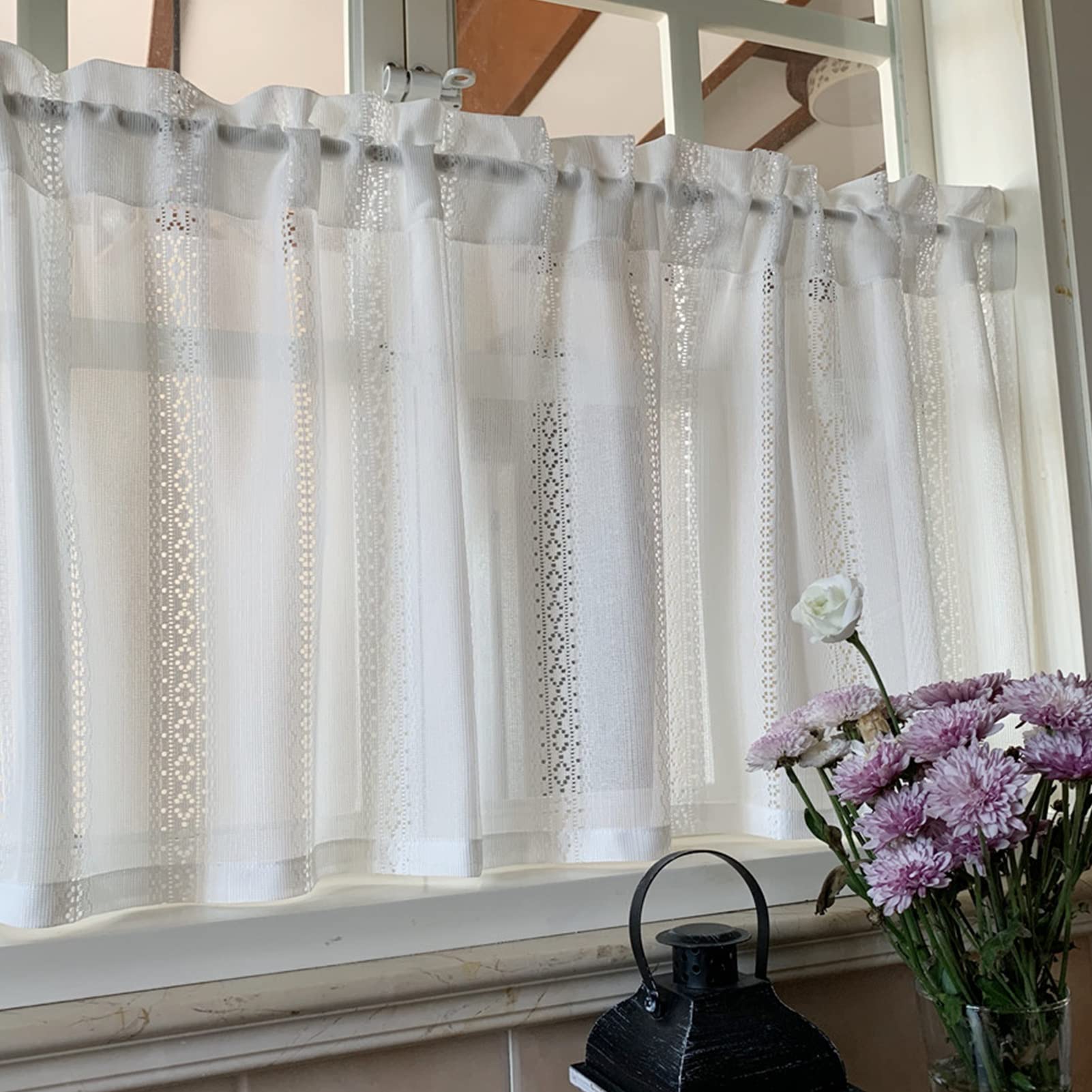 White Net Curtains - Short Semi-Transparent Kitchen & Cafe Window Drapes (60x90cm) | Country House Style Bistro Curtains for Kitchen, Living Room & Bedroom Decor