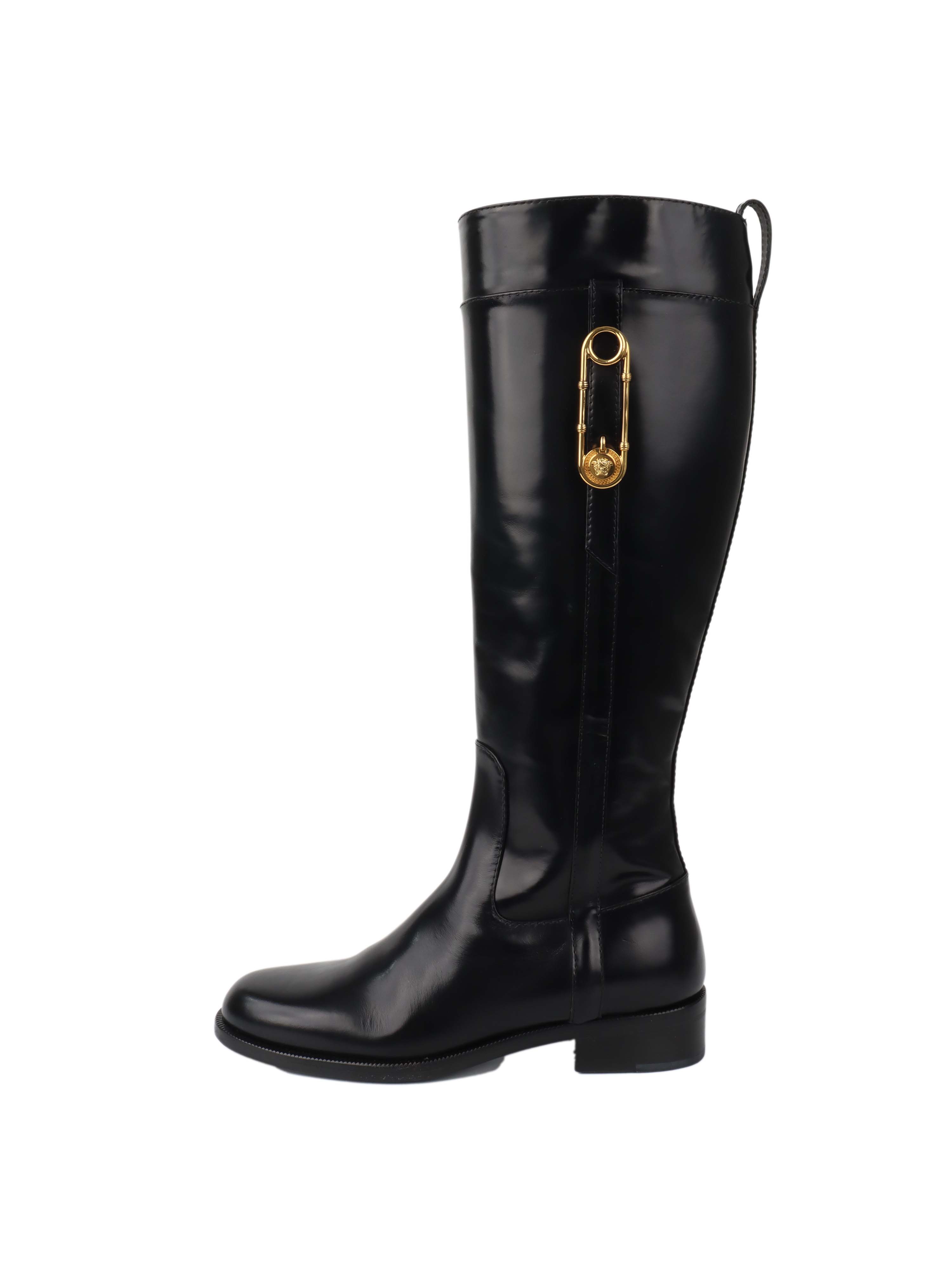 Versace Black Leather Riding Boots for Women - Stylish Equestrian & Fashion Boots for Horseback Riding & Everyday Wear