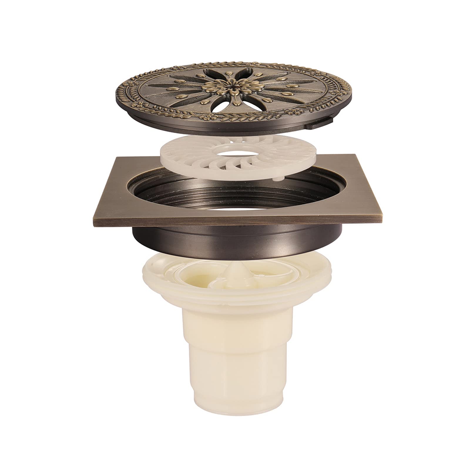 4 Inch Square Brass Shower Drain - Antique Bronze Bathroom Floor Drain with Removable Cover Grate - Perfect for Bathroom, Shower, and Wet Room Installations