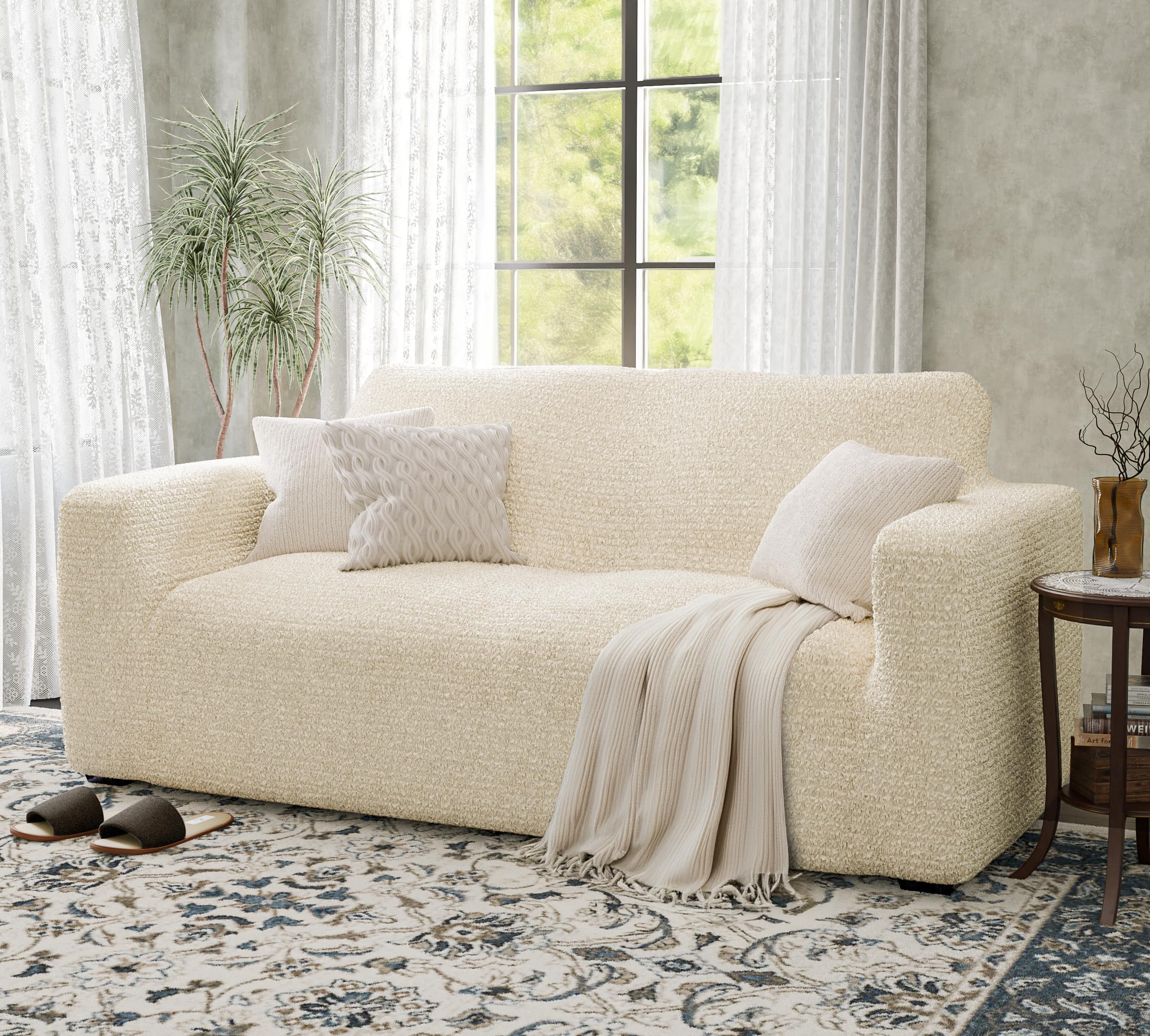 Stretch Loveseat Slipcover - Soft Polyester Sofa Cover for 2-Seater Couches - Washable 1-Piece Form Fit Protector - Mille Righe Collection (Cream) | Perfect for Living Rooms, Apartments & Home Decor Protection