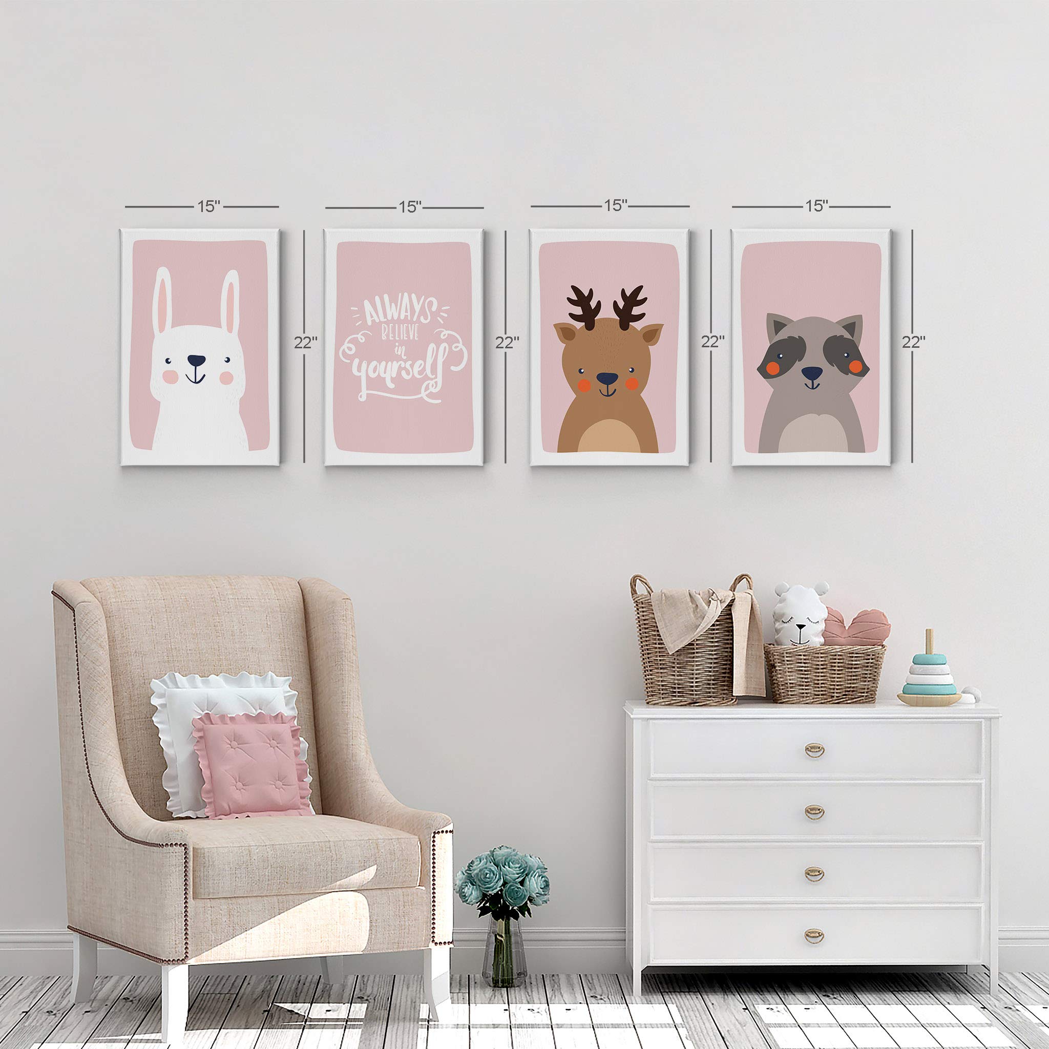 Cute Rabbit Deer Raccoon Canvas Wall Art Set - 4 Piece Nursery Decor with Inspirational Quotes on Pink Background - Ready to Hang Kids Room Decor for Baby Boy & Girl (22x15 Inches Each) - Perfect for Nursery, Playroom, or Children's Bedroom Decor - Made in USA