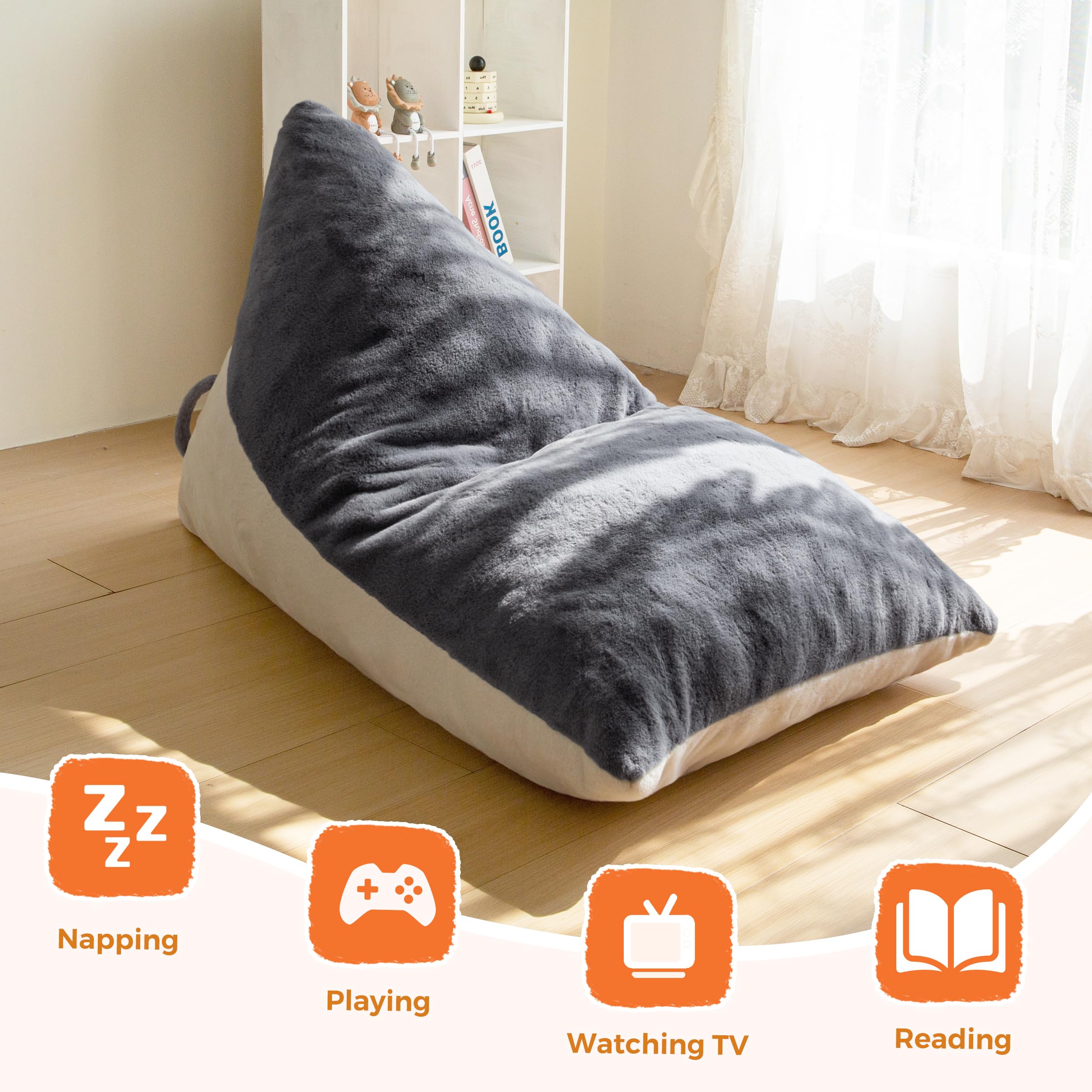MAXYOYO Kids Bean Bag Chair with 2-Tone Handle - High-Density Foam Floor Lounger in Grey & White - Perfect for Playrooms, Bedrooms & Reading Nooks