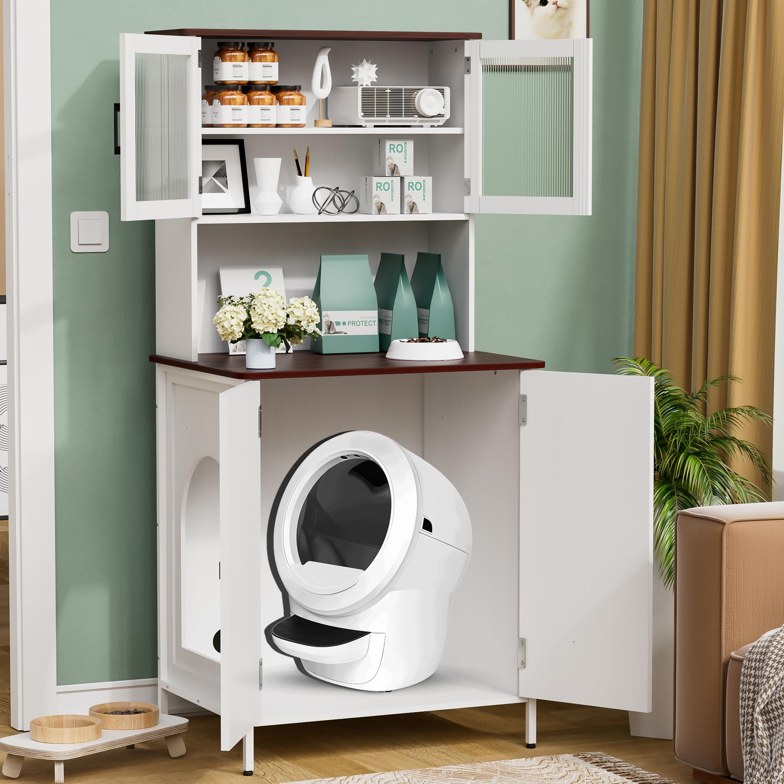 PAKASEPT Cat Litter Box Enclosure Furniture for Self-Cleaning Litter Box - Modern Litter Box Cabinet with Shelves & Doors for Large Smart Cat Toilet - Perfect for Living Room, Bedroom or Home Office Decor