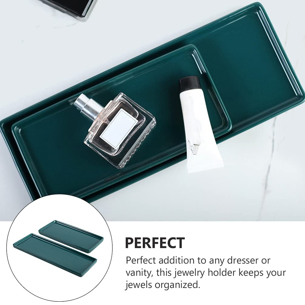 Cabilock 2-Piece Ceramic Vanity Tray Set - Elegant Bathroom Sink Organizer for Jewelry, Makeup, Perfume & Cosmetics - Decorative Storage Tray for Countertop, Bathtub & Vanity - Perfect for Home Spa & Gift Giving (Green)
