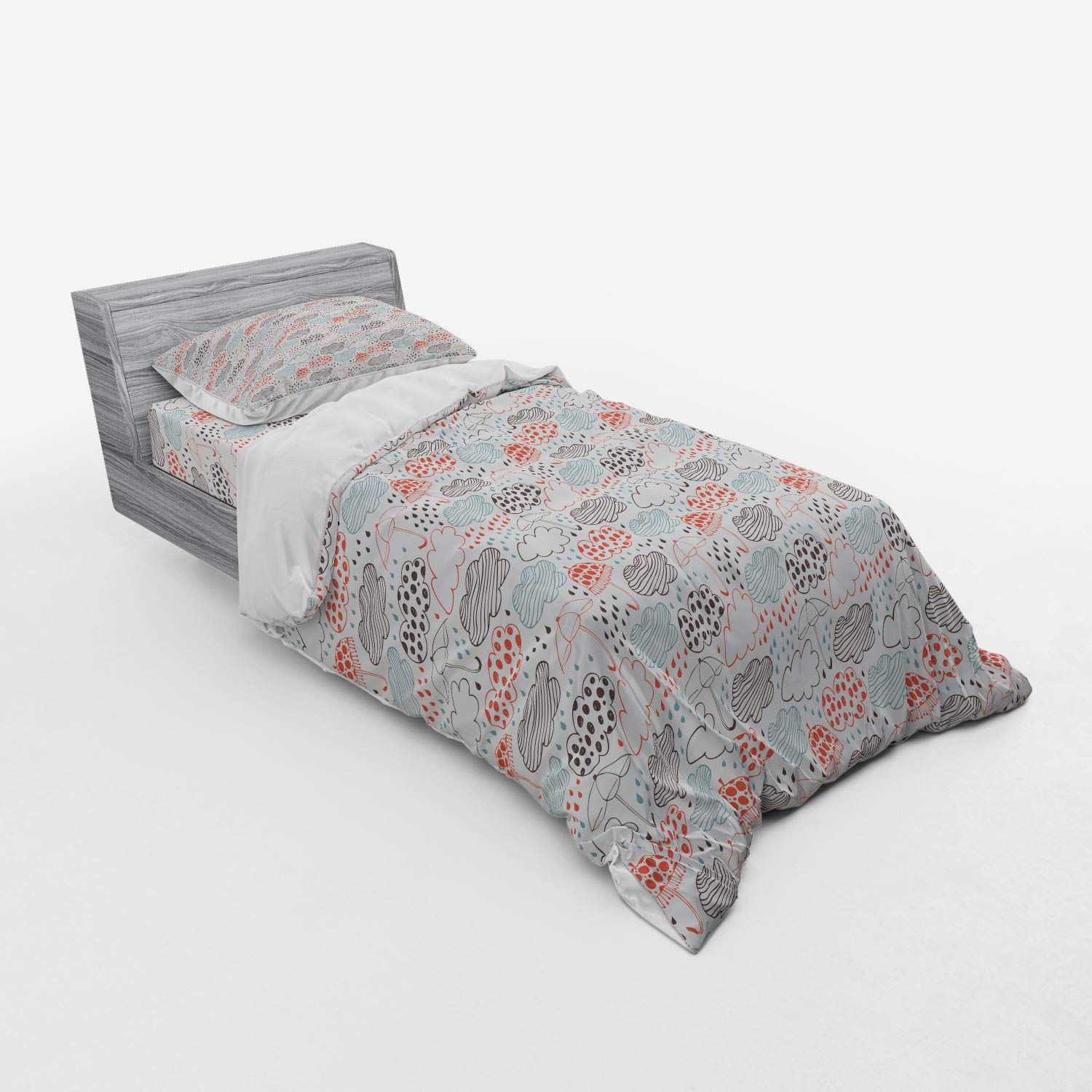 Ambesonne 3-Piece Twin Size Duvet Cover Set - Hand Drawn Umbrella & Rain Cloud Design with Dotted Stripes, Includes Sham & Fitted Sheet | Perfect for Kids' Bedrooms, Guest Rooms & Rainy Day Themed Decor