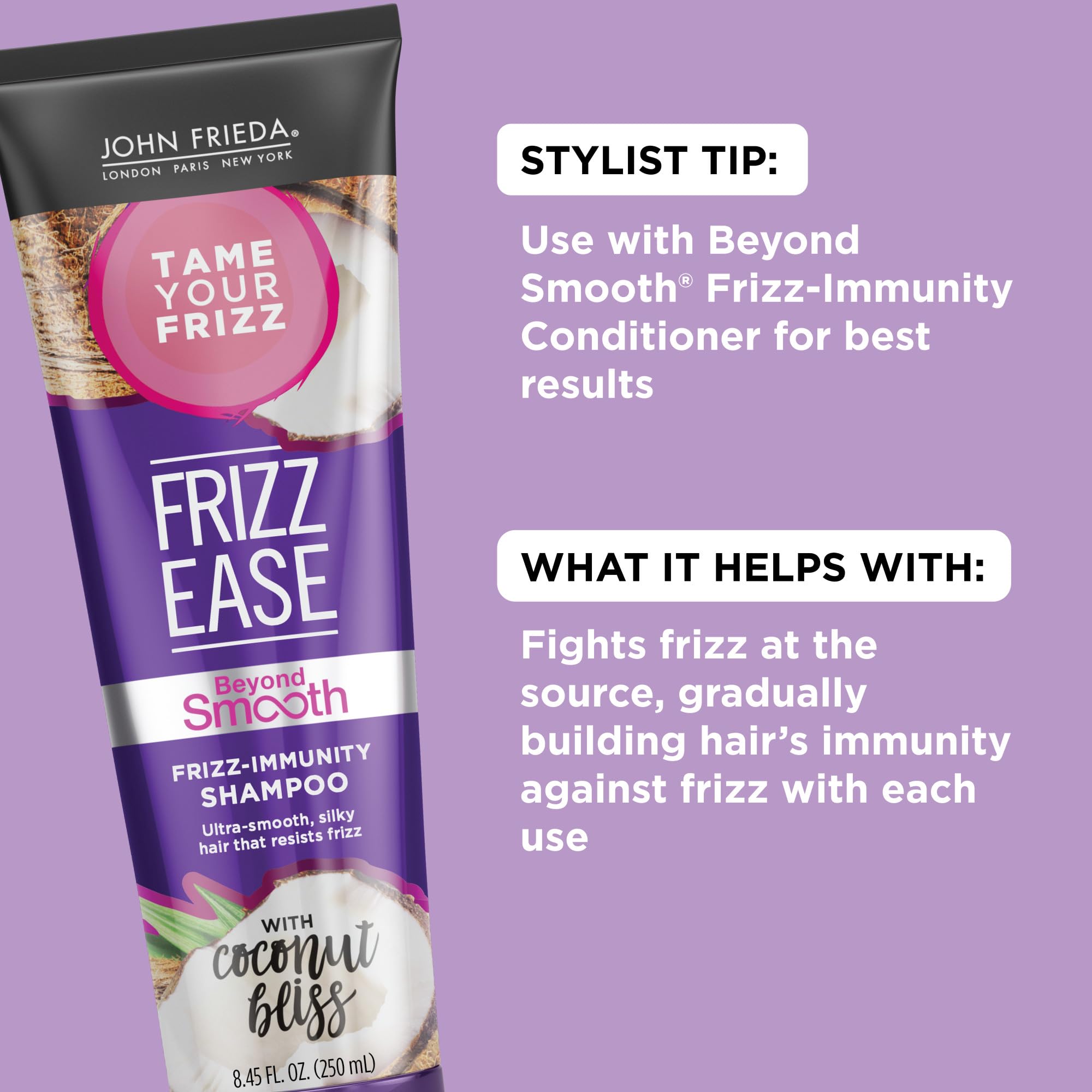 John Frieda Frizz-Immunity Shampoo with Pure Coconut Oil - Frizz Control & Humidity Protection for Smooth Hair, 8.45 oz | Daily Hydration for Curly, Wavy & Straight Hair at Home or Salon
