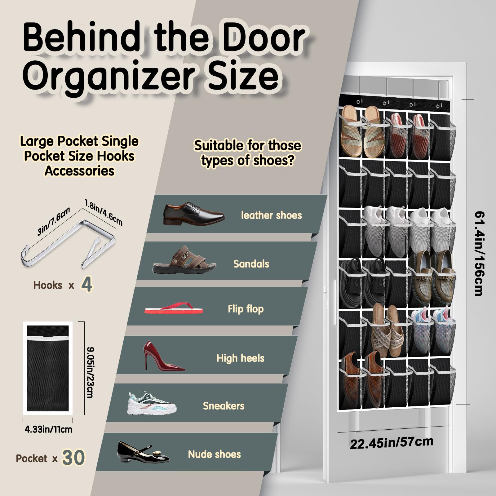 30 Compartment Breathable Mesh Over the Door Hanging Shoe Organizer - Large Storage for Men & Women Shoes - Space Saving Closet Organizer - Perfect for Bedrooms, Dorms & Entryways (Black)