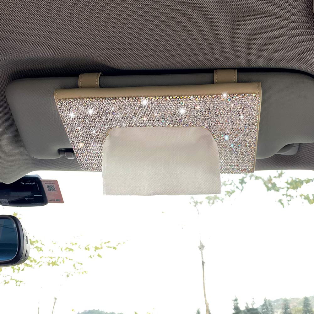 Sparkling Rhinestone PU Leather Napkin Holder & Car Tissue Box Organizer - Elegant Beige & White Hanging Backseat Sun Visor Storage for Cars | Perfect for Road Trips, Daily Commutes & Luxury Vehicle Decor