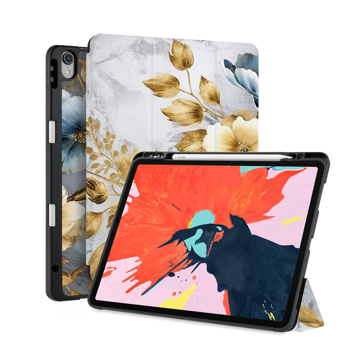 Premium iPad Trifold Case with Elegant Flower Art Design - Slim Protective Cover for iPad Air/Pro (6th/5th/4th/3rd Gen) - Perfect for Work, Travel & Home Use