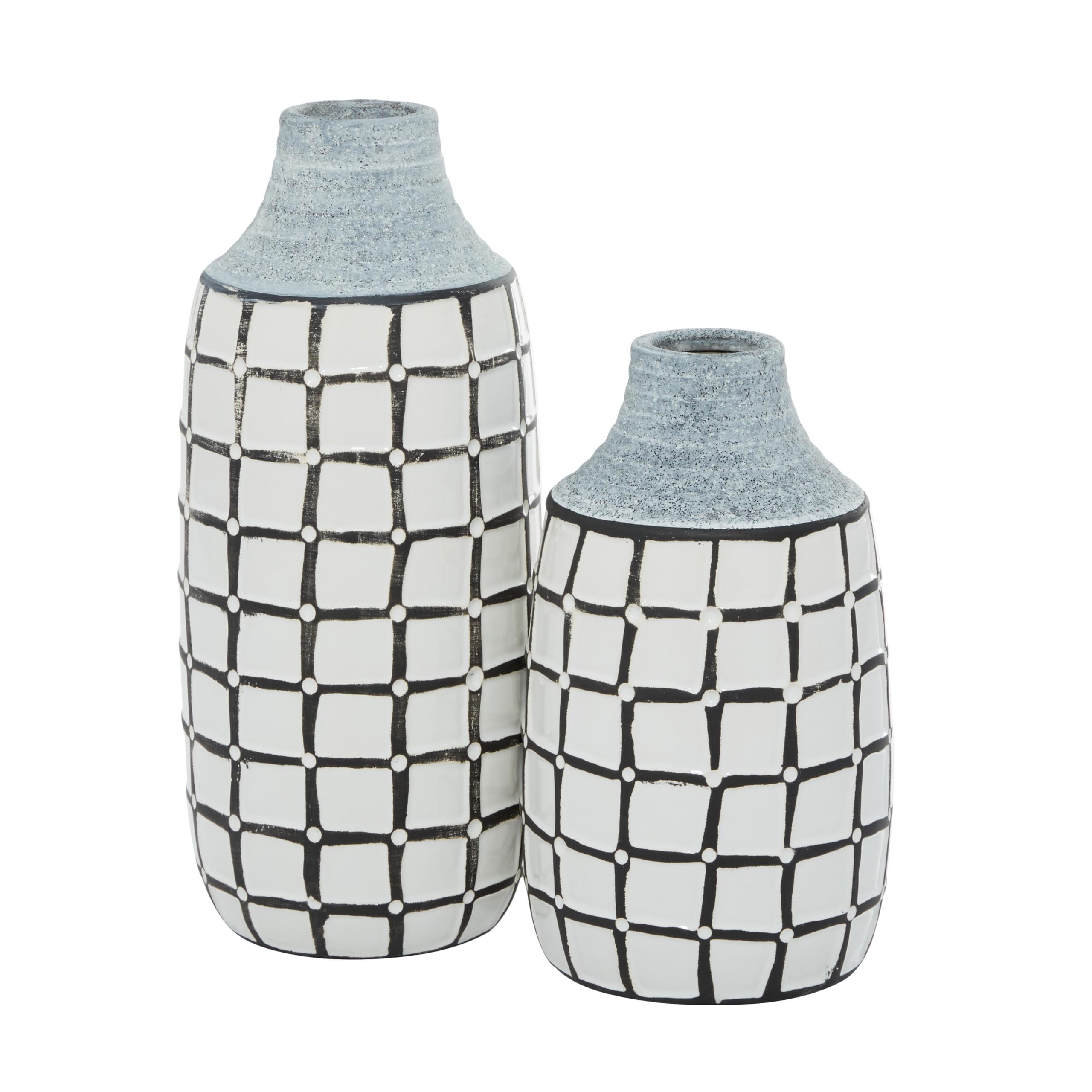 Deco 79 Handmade Ceramic Vase Set of 2 - White Grid Pattern Decorative Centerpiece for Flowers, 11