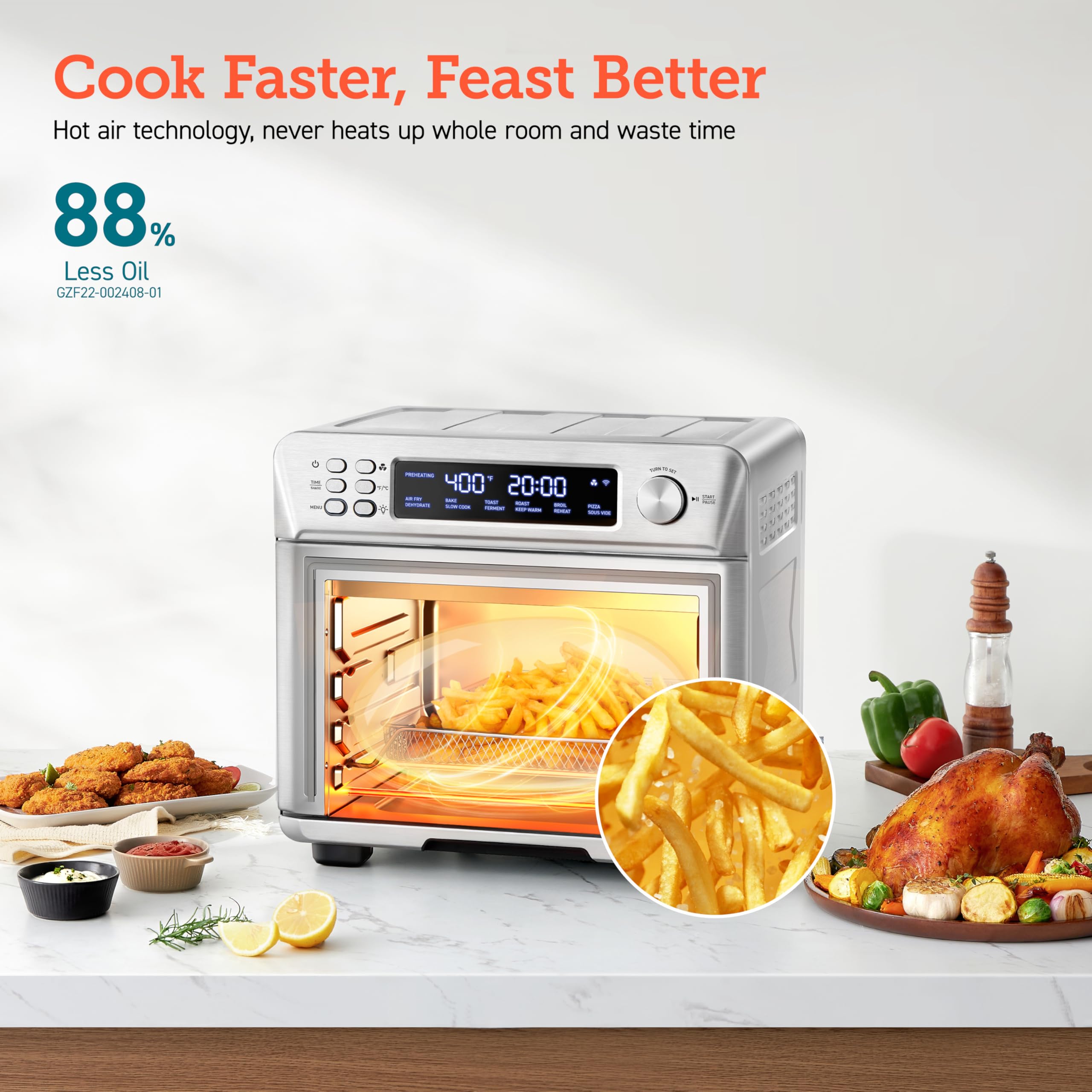 COSORI 26QT Smart Air Fryer Toaster Oven Combo - 12-in-1 Countertop Convection Oven with Sous Vide, Bake, Roast, Broil, Dehydrate & Reheat Functions - Includes 94 Recipes & 3 Accessories - Stainless Steel Silver - Perfect for Small Kitchens, Healthy Cooking & Meal Prep