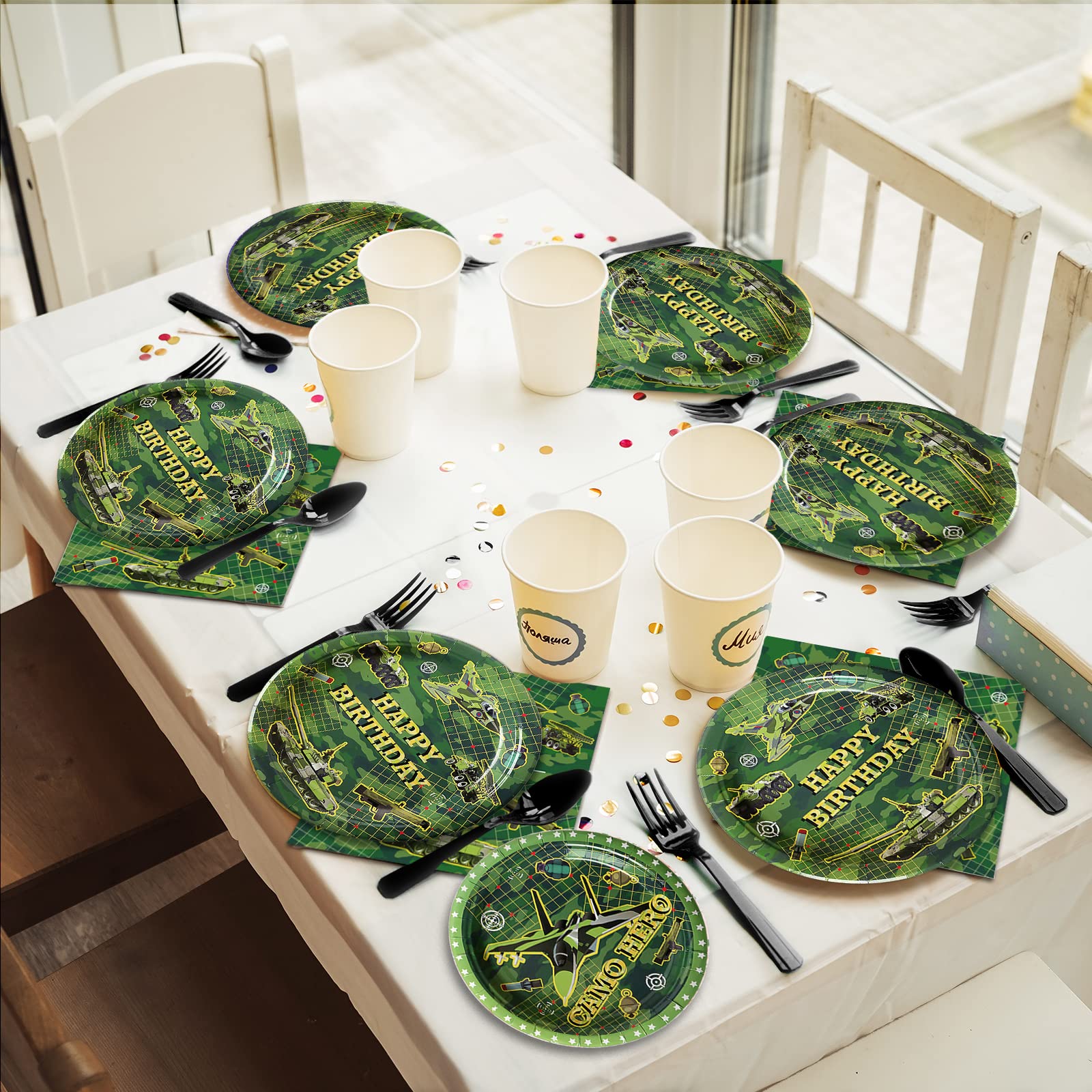 96 Pcs Camo Birthday Party Plates & Napkins Set - Military Themed Tableware for 24 Guests - Army Soldier Camouflage Party Decorations - Perfect for Birthday, Baby Shower & Outdoor Camping Events