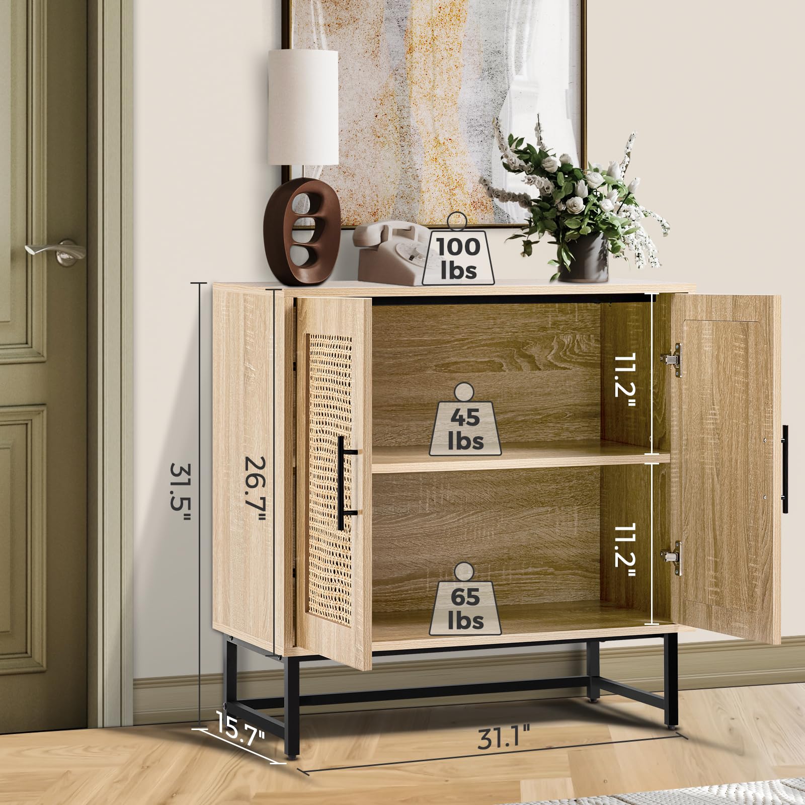 Handmade Natural Rattan Storage Cabinet - KFO Rattan Buffet Sideboard with Woven Doors for Living Room, Hallway, Dining Room & Entryway | Perfect for Home Organization & Farmhouse Decor