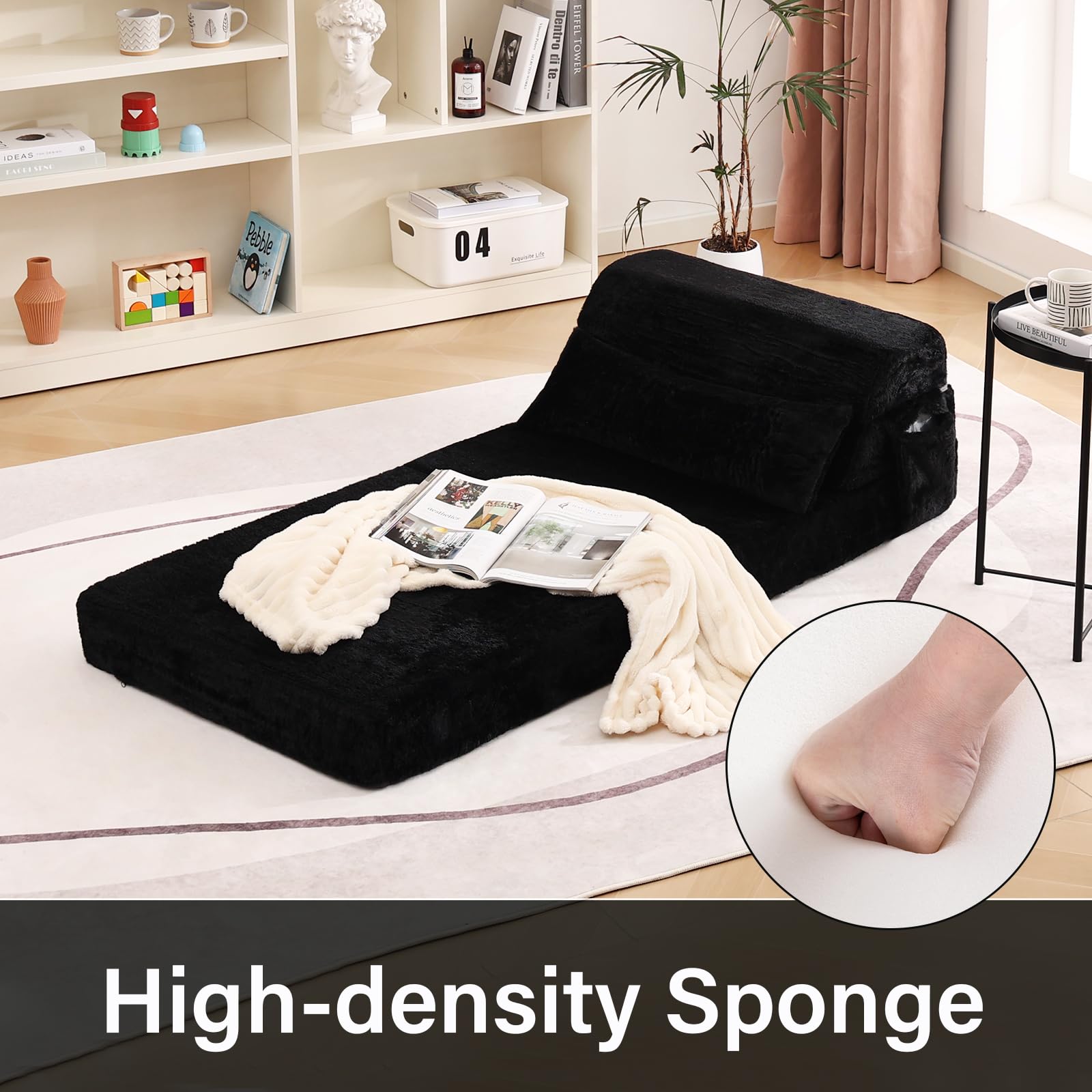 Tiita Folding Sofa Bed with Pillow - Single Size Mattress & Plush Fabric - Portable Storage Bag Included - Multi-Functional Floor Lounger Chair Bed - Perfect for Living Room, Guest Room, Dorm, Apartment, Loft & Home Office - Space-Saving Black Convertible Furniture - Great for Small Spaces, Overnight Guests & Relaxing