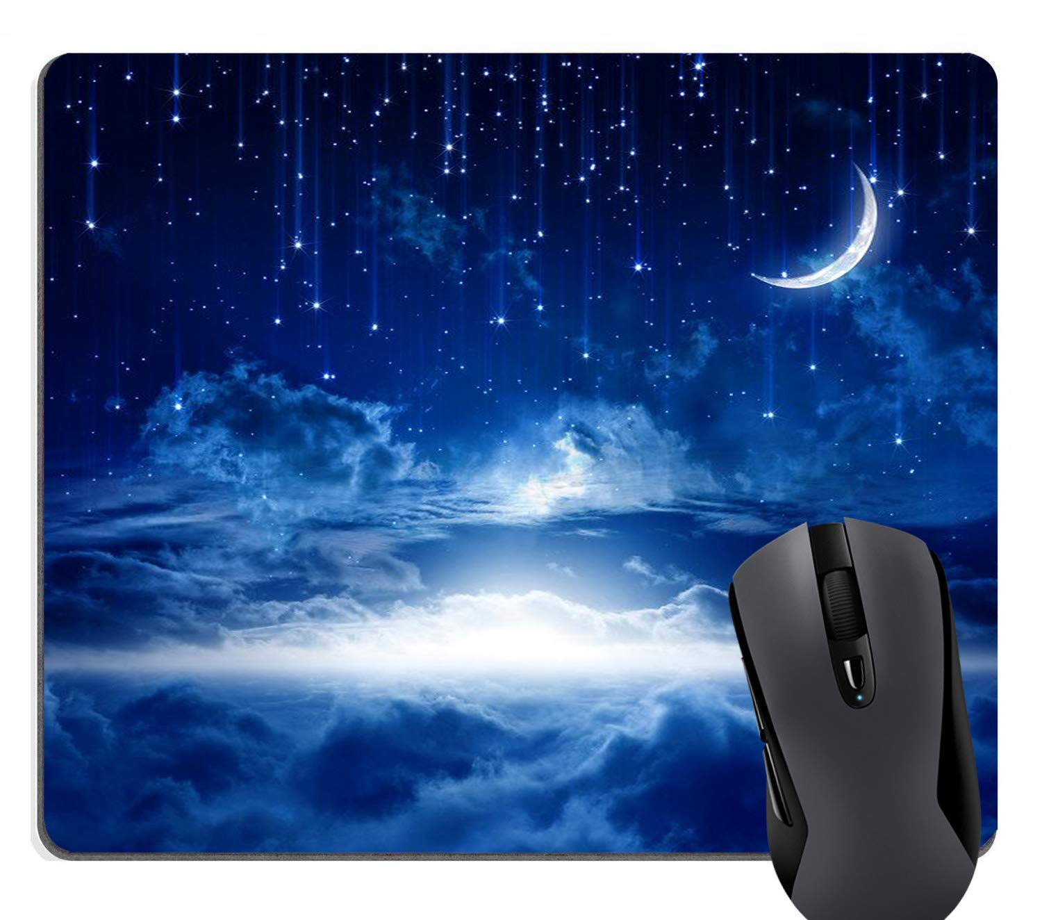 Custom Navy Blue & White Night Starry Sky Mouse Pad with Crescent Moon and Falling Stars - Perfect for Gaming, Office & Home Computer Setup