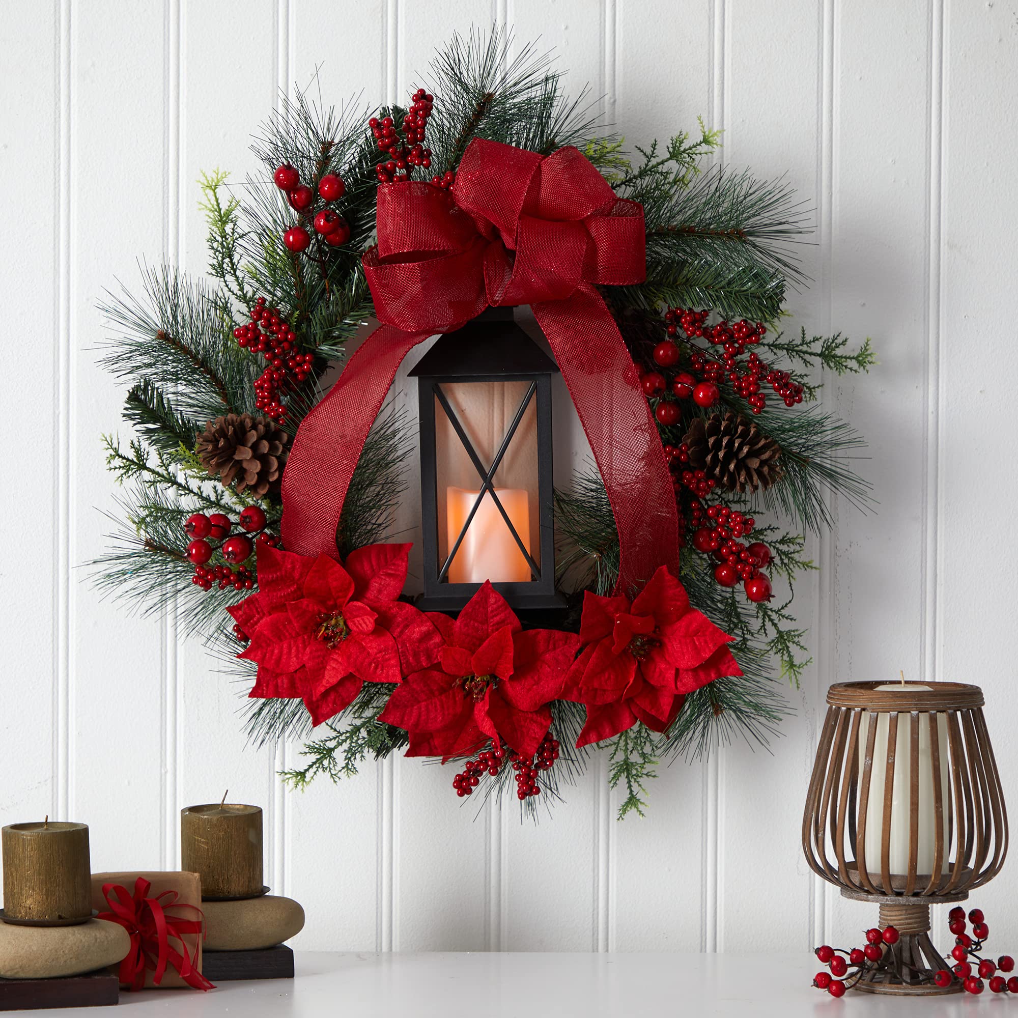 Nearly Natural 28in Red Poinsettia & Berry Christmas Wreath with LED Candle - Holiday Lantern Decor for Front Door, Fireplace & Festive Home Decorating