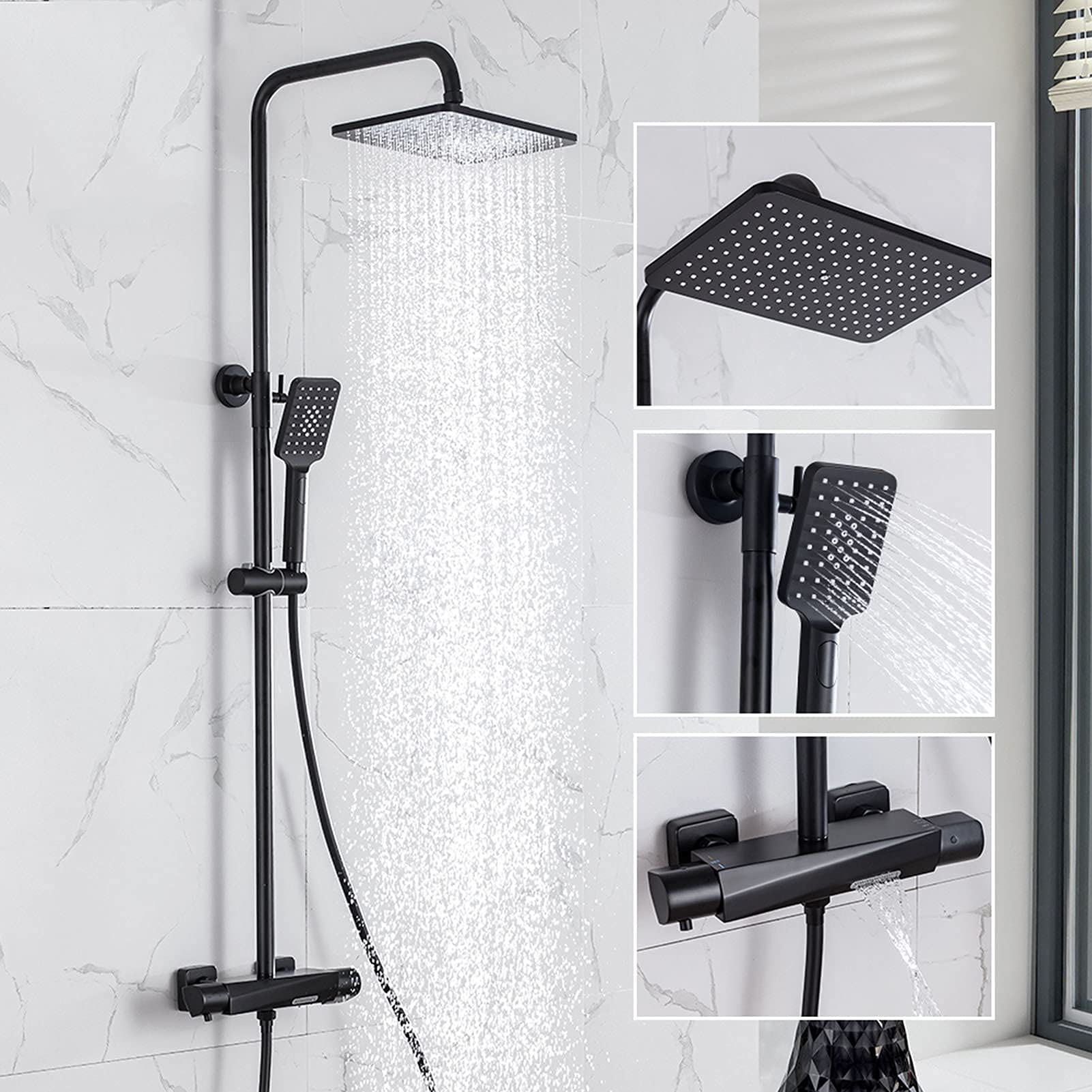 Premium Black Shower Faucet Set - Large Square Rainfall Shower Head with 3-Way Handheld Shower, Thermostatic Wall Mount System & Bathtub Mixer Tap for Luxurious Bathroom Upgrade (Ideal for Master Bath, Spa-Like Experience, Modern Home Renovation)