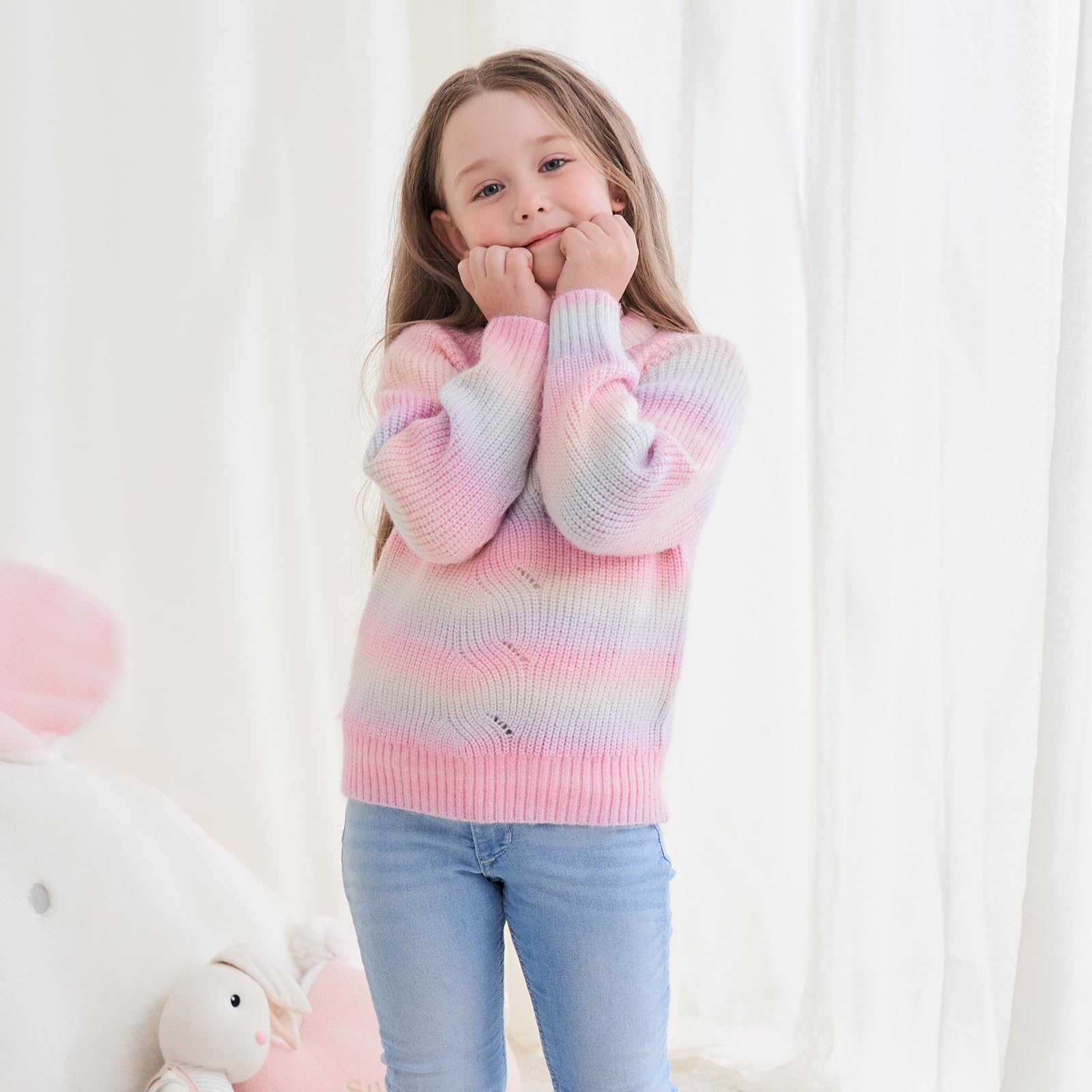 Girls Striped Gradient Cable Knit Sweater - Chunky Long Sleeve Pullover Jumper for Fall & Winter | Cozy School Outfits & Holiday Fashion