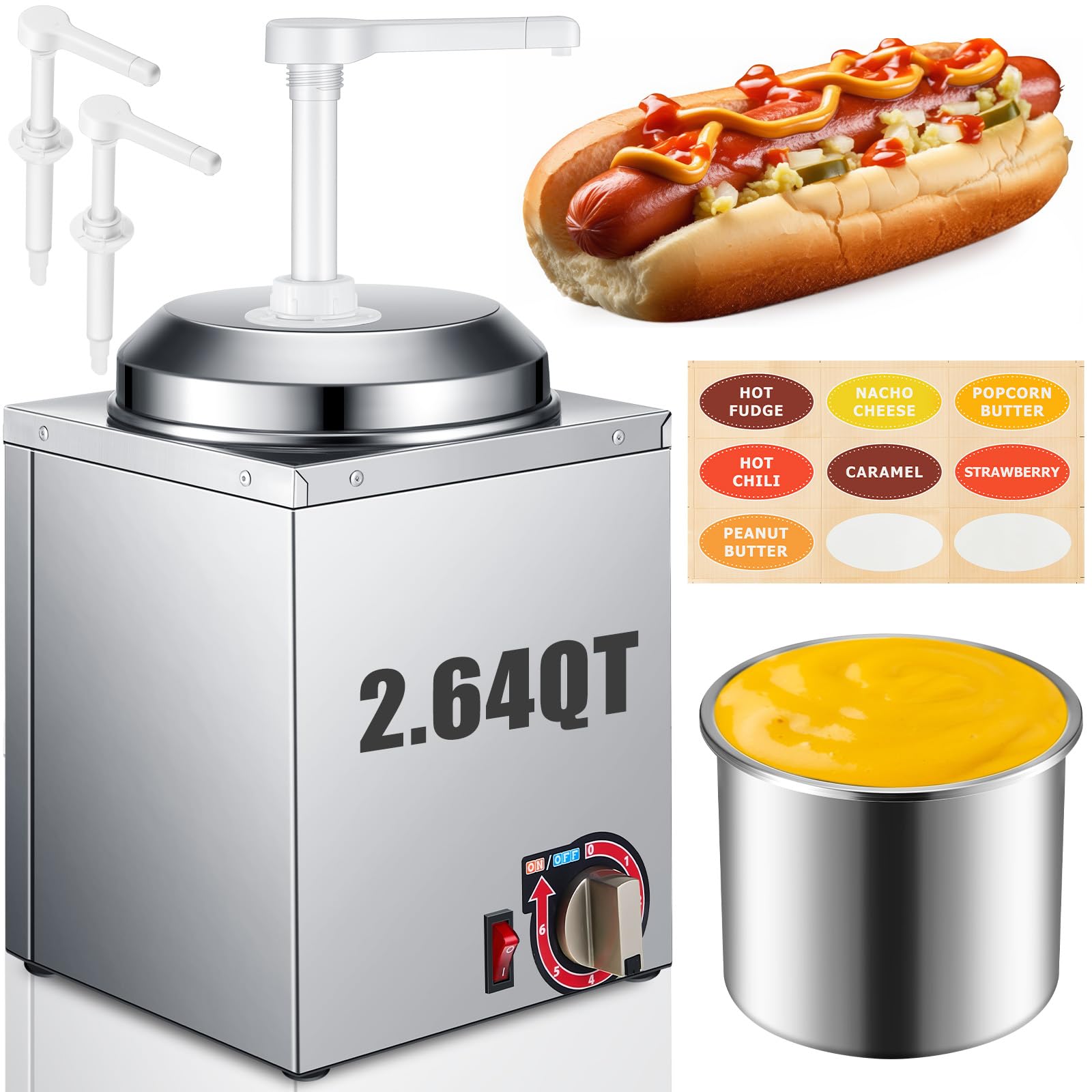 Commercial Stainless Steel Nacho Cheese Dispenser with 2 Pumps - 2.64 Qt Hot Fudge Warmer for Cheese, Caramel & Chocolate - Perfect for Movie Theaters, Concession Stands & Catering Events