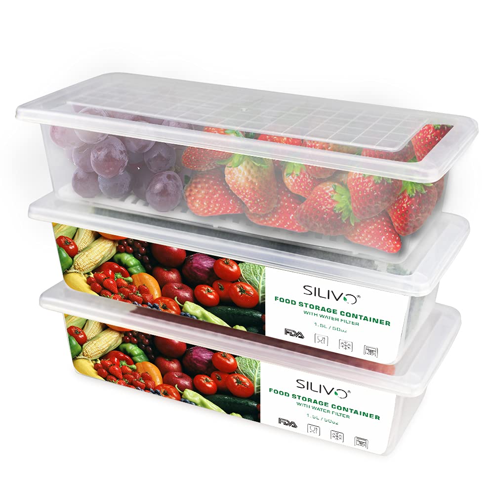 SILIVO 3-Piece Fridge Organizer with Lids & Draining Grid - 1.5L Food Storage Containers for Fresh Fruits, Vegetables, Cheese - Space Saving Kitchen Organization for Refrigerator, Pantry & Meal Prep