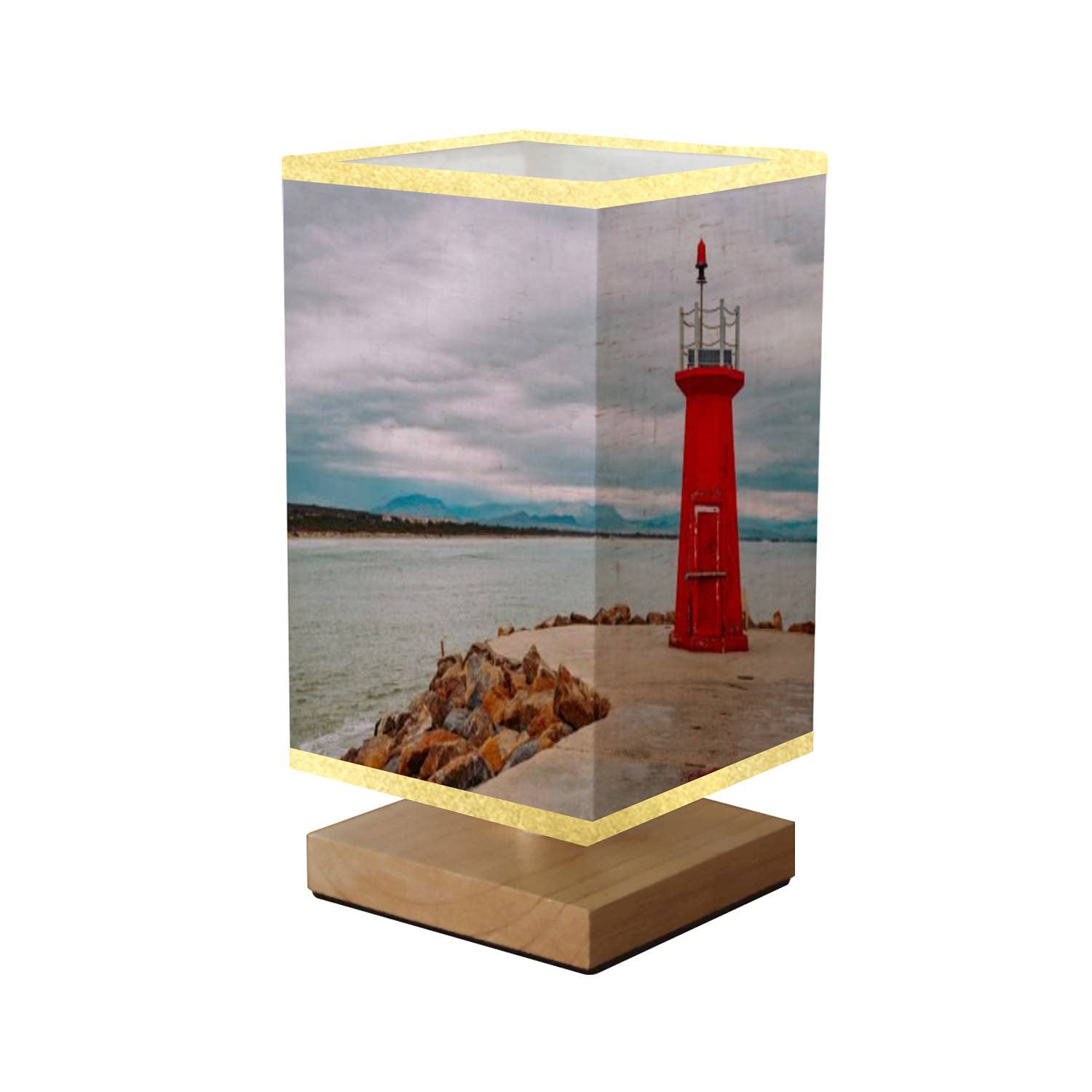 Wooden Base Dimmable Square Bedside Table Lamp with Flaxen Fabric Shade - Coastal Lighthouse Design for Bedroom, Living Room, Office & Nursery | Perfect Nightstand Lighting for Reading & Relaxation