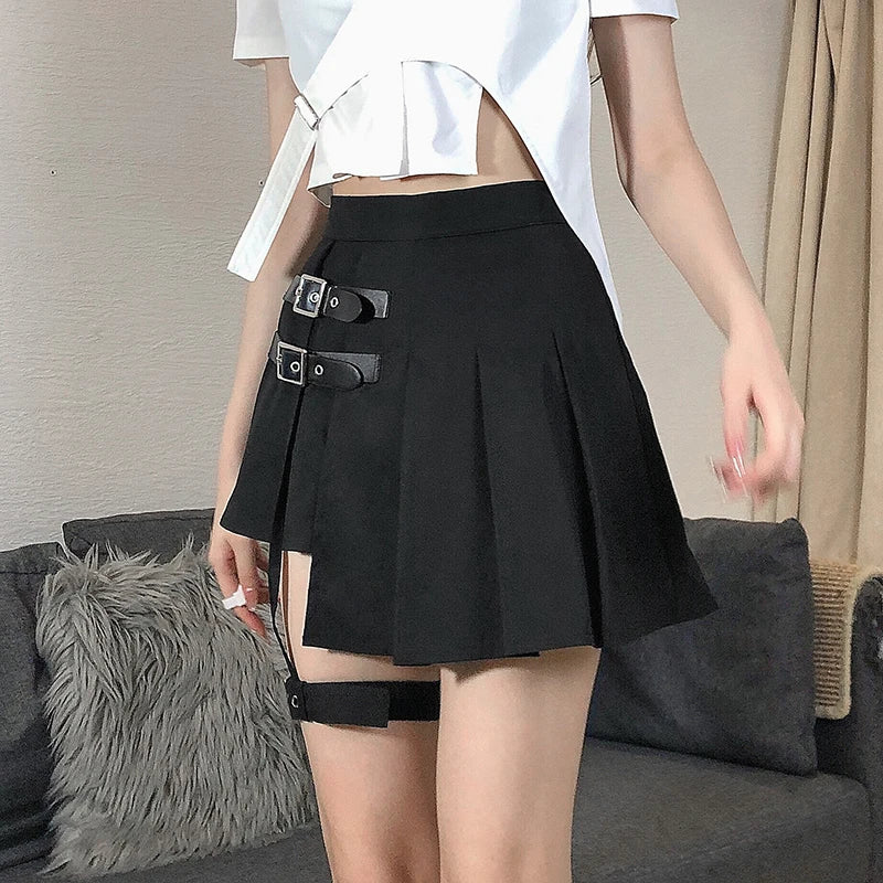 Punk Style Black Pleated Asymmetrical Skirt for Women | High Waist Buckle Detail | Gothic Mini Skirt for Summer | Perfect for Parties, Concerts & Night Out