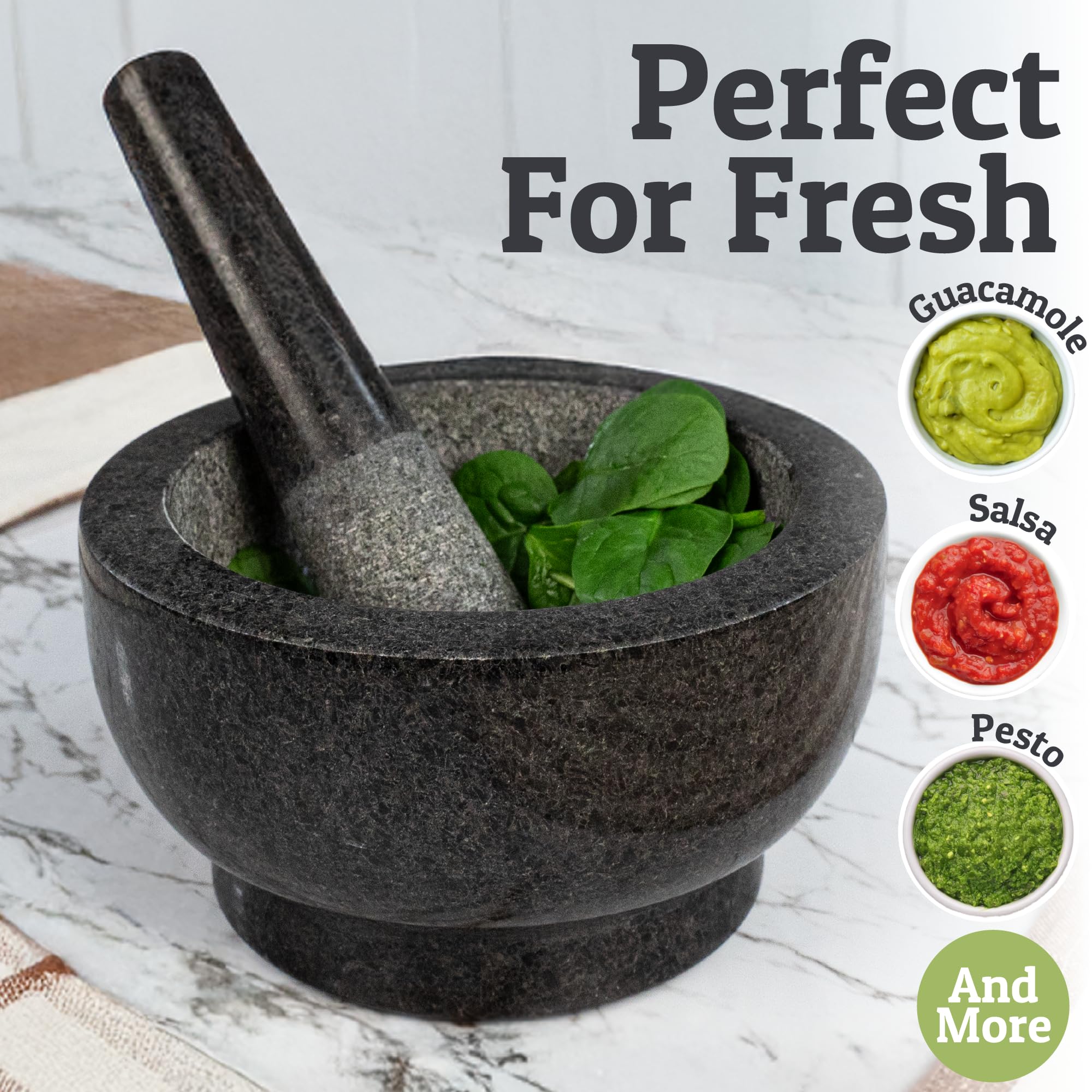 Premium 4-Cup Heavy Duty Granite Mortar and Pestle Set - 100% Natural Stone Grinder for Guacamole, Spices & Herbs - Perfect for Mexican Cooking, Avocado Mashing & Kitchen Prep - Black Molcajete Bowl