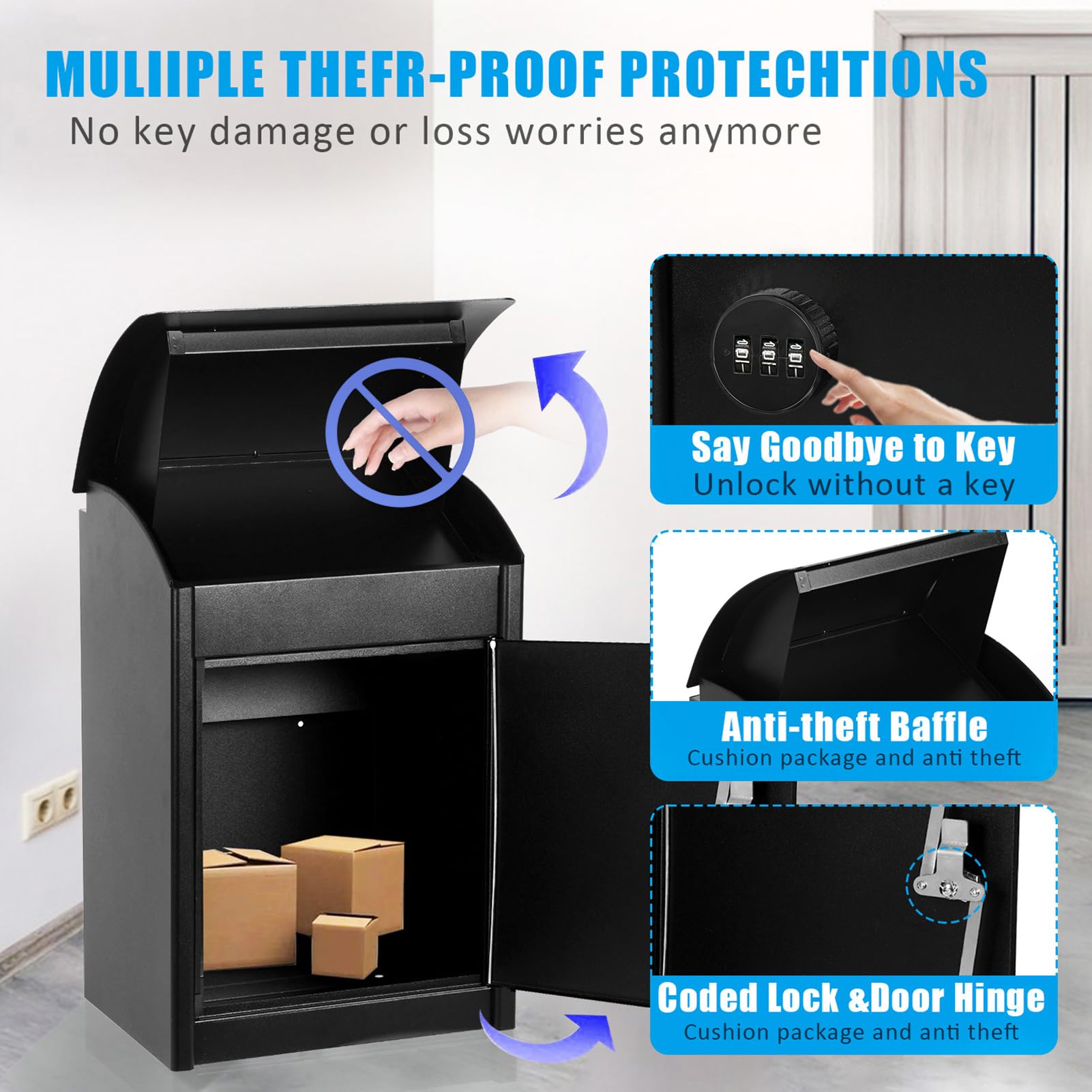 **Large Lockable Porch Delivery Box - Secure Wall Mounted Package Drop Box with Anti-Theft Baffle for Parcels & Mail Storage (Black) - Perfect for Home, Apartment & Office Security**