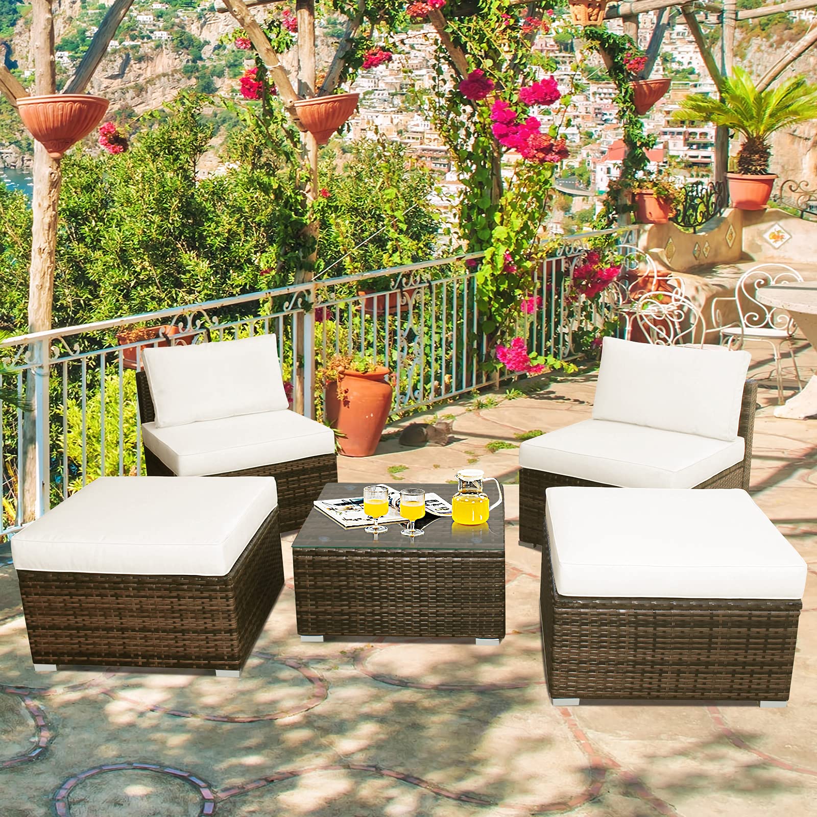 Tangkula 5-Piece Wicker Patio Furniture Set with Tempered Glass Coffee Table - Outdoor Conversation Set Includes 2 Armless Sofas, 2 Ottomans & Side Table - Washable Zippered Cushions for Porch, Garden or Poolside Relaxation