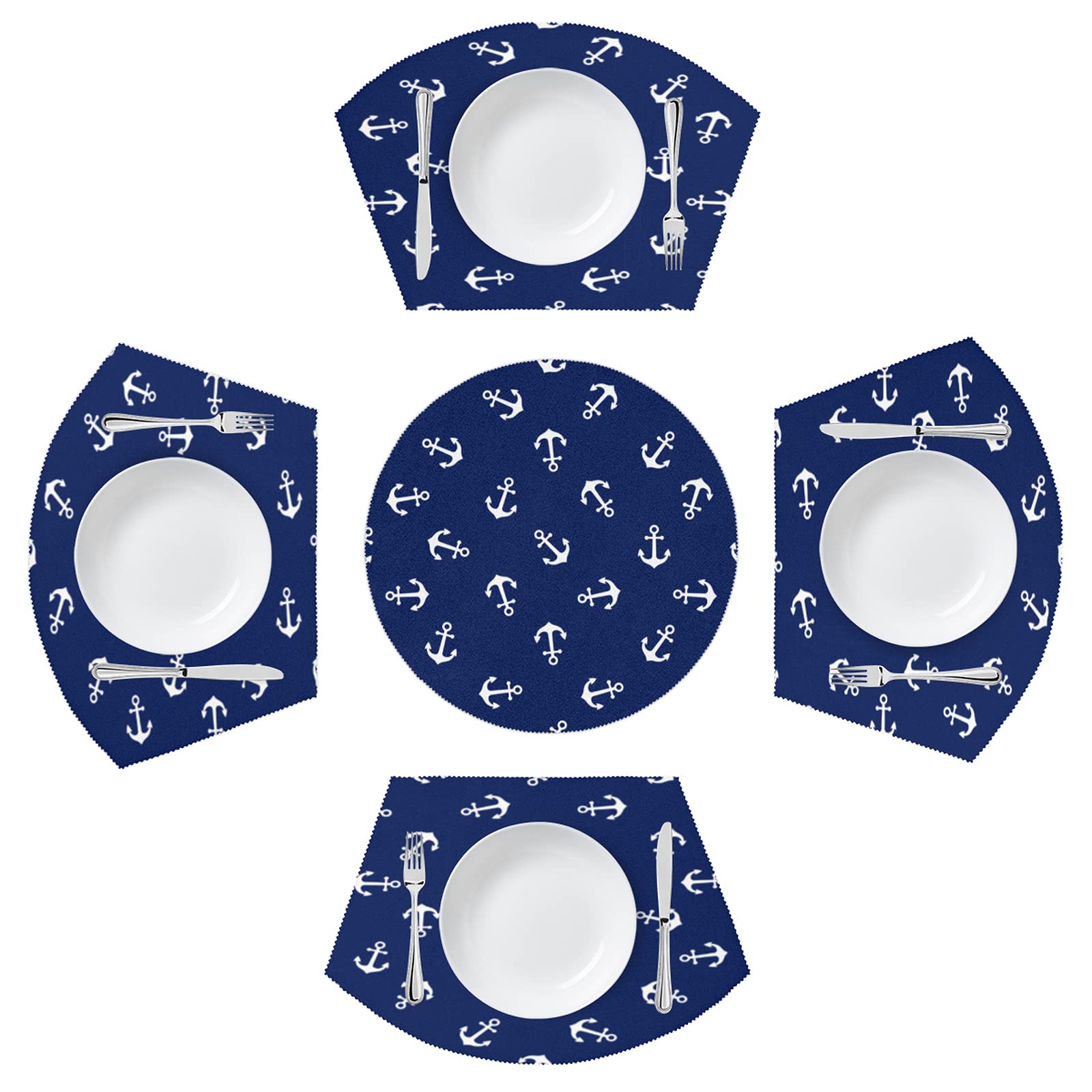 Vintage Nautical Anchor Wedge Placemats Set of 5 - Non-Slip, Heat-Resistant & Washable Round Table Mats for Ocean/Beach Theme Dining - Perfect for Coastal Decor, Dinner Parties & Holiday Entertaining