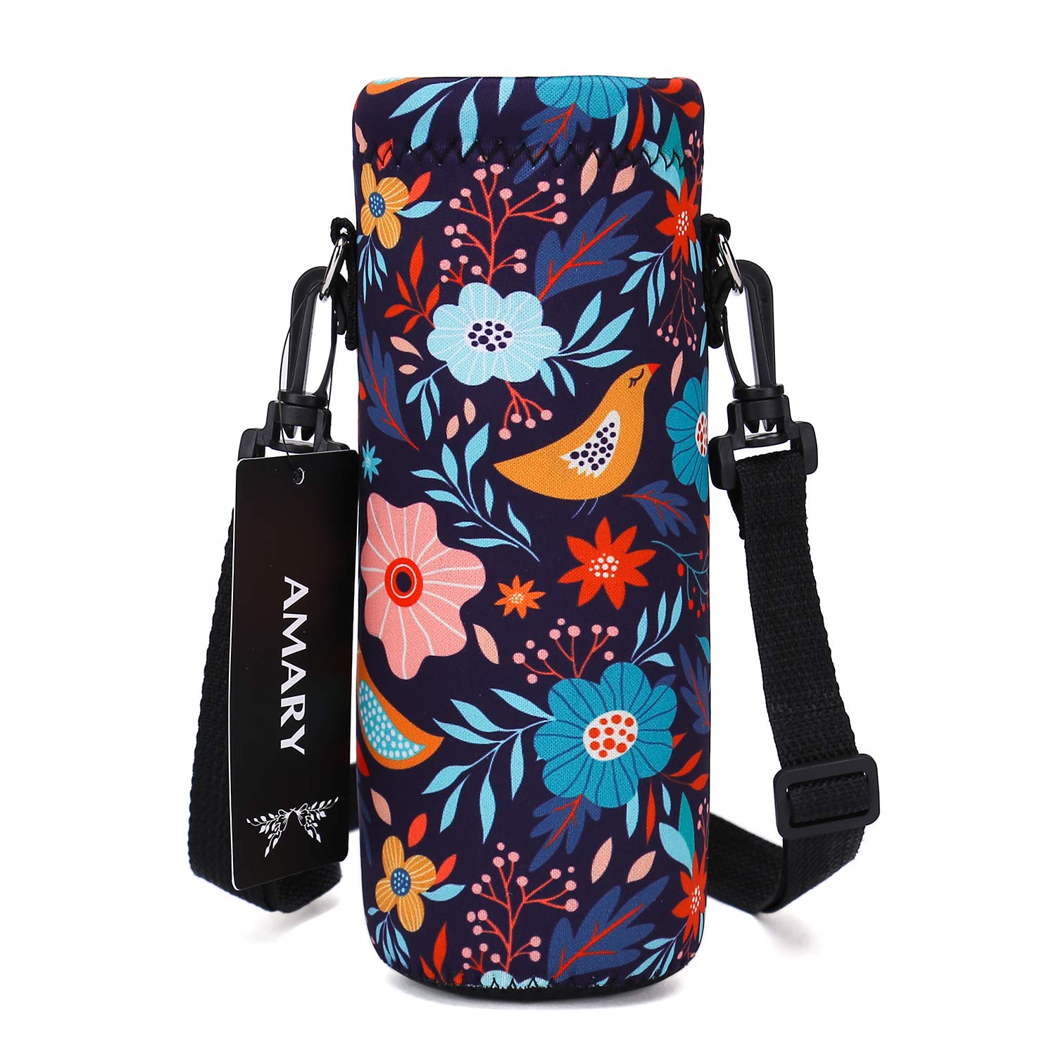 Amary 500ML Neoprene Insulated Water Bottle Carrier Bag with Adjustable Shoulder Strap - Leakproof Cover for Stainless Steel, Glass & Plastic Bottles (16.9OZ) - Perfect for Hiking, Gym, Travel & Outdoor Activities (Birds Pattern)