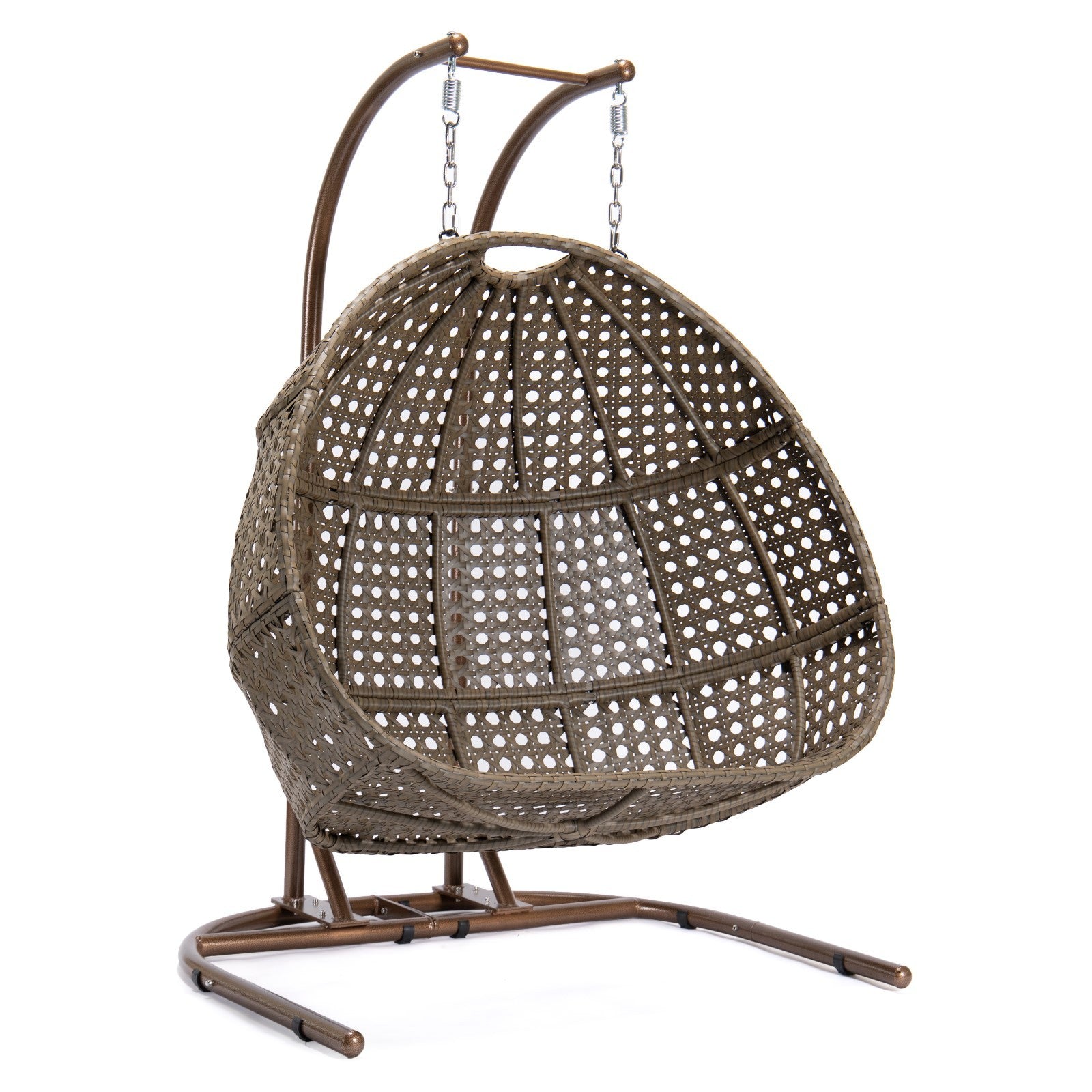 Brown Wicker Hanging Double Seat Swing Chair with Stand & Beige Cushion - Outdoor Patio Furniture for Garden, Backyard, Porch Relaxation