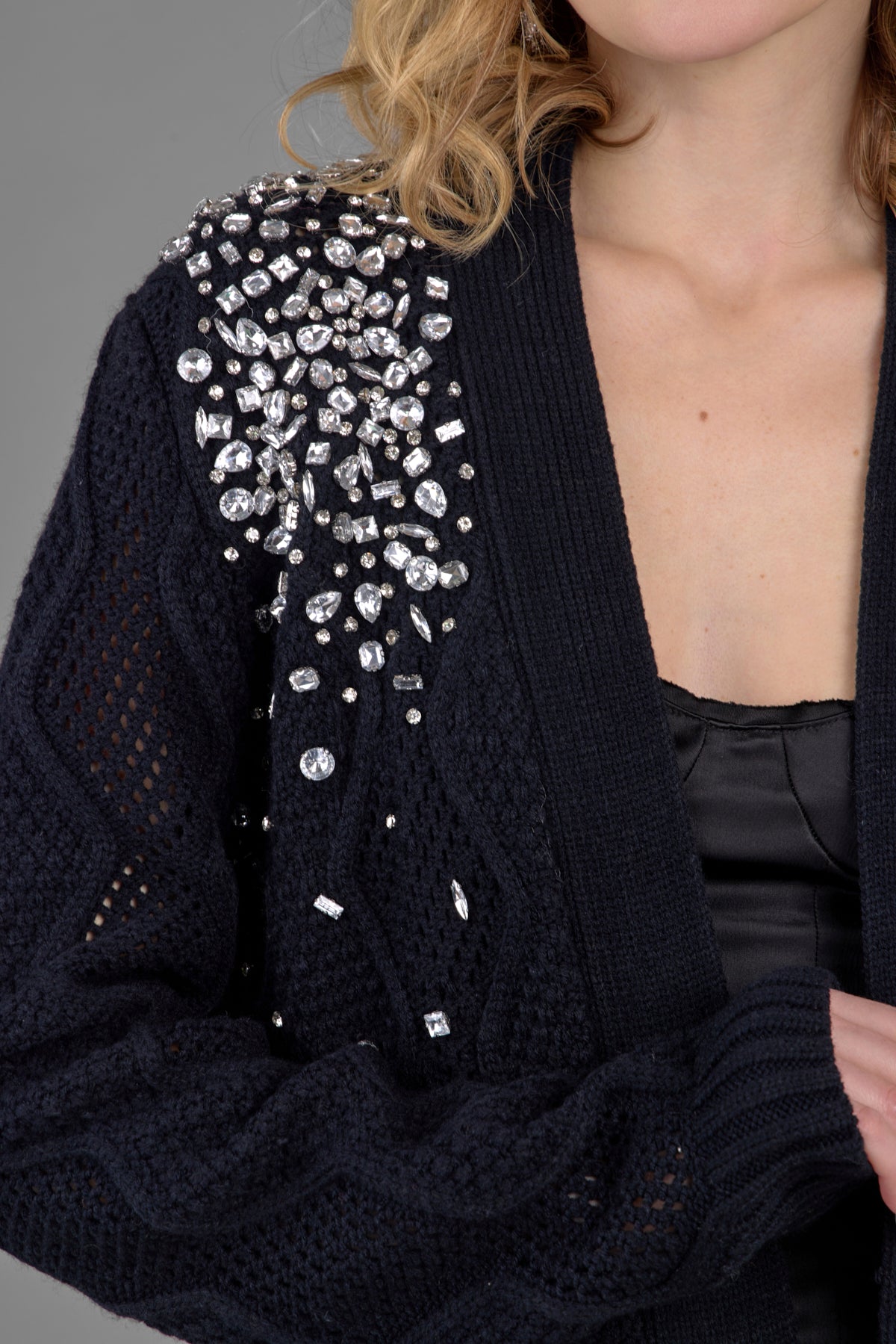 Elegant Jewel Embellished Cardigan for Women - Stylish Knit Sweater with Rhinestone Details | Perfect for Office, Date Night & Special Occasions