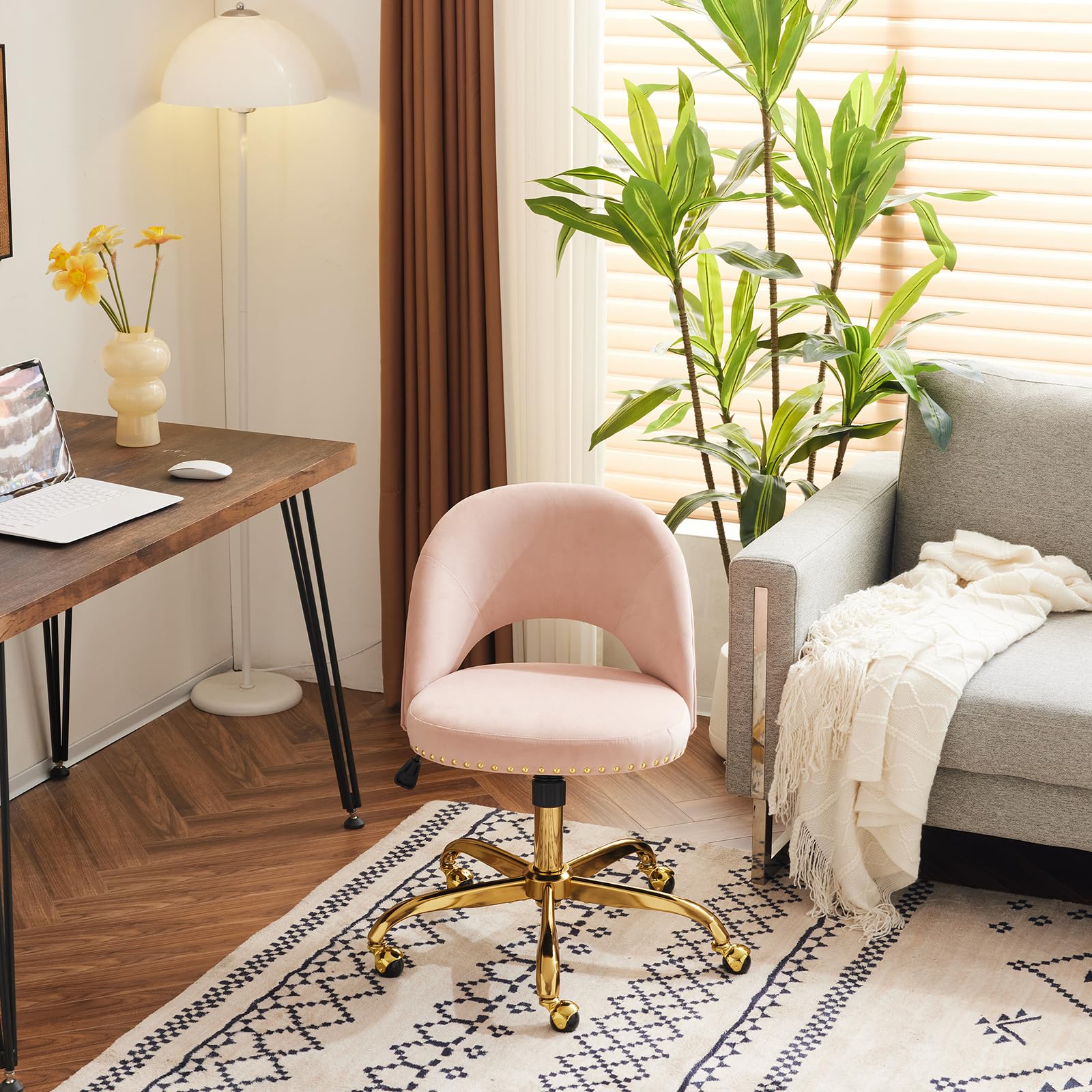 VINGLI Modern Velvet Small Office Chair with Wheels - Gold Base & Studs, Comfortable Armless Swivel Task Chair for Women, Girls & Kids - Perfect for Study, Dorm, Bedroom & Small Spaces (Pink) | Ideal for Home Office, Vanity Desk & Nail Technician Workstation