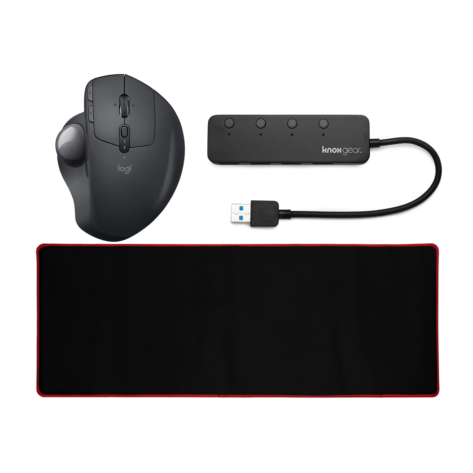 Logitech MX Ergo Wireless Trackball Mouse with Extended Mouse Pad & 4-Port USB 3.0 Hub Bundle - Ergonomic Design for Office, CAD Design, and Home Computing
