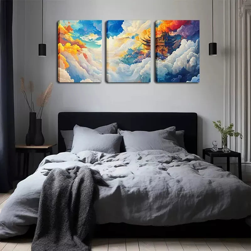 3-Piece Vibrant Cloudscape Traditional Asian Wall Art Set - Framed Canvas 40x60cm - High Quality Print - 100% Australian Made - Ready to Hang - Perfect for Living Room, Bedroom & Office Decor