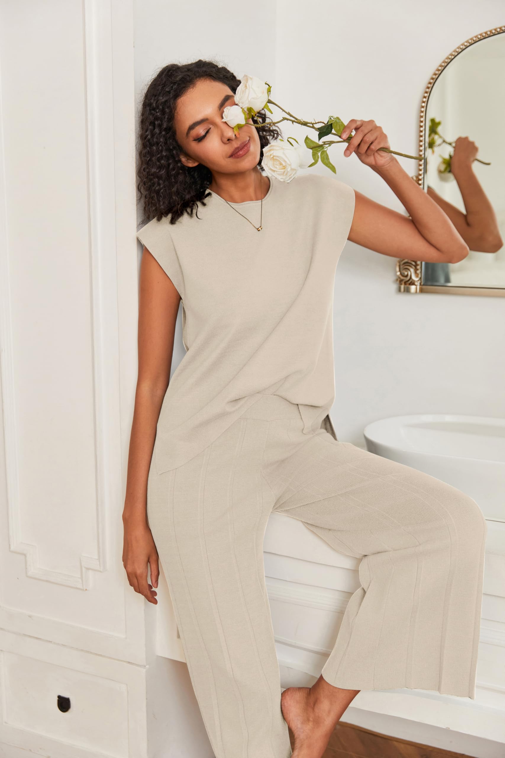 Ekouaer Women's Lounge Sets - Soft Knit Cap Sleeve Tops & Wide Leg Pleated Pants Outfits | Casual & Dressy Two-Piece Sweater Sets for Home, Office & Weekend Wear