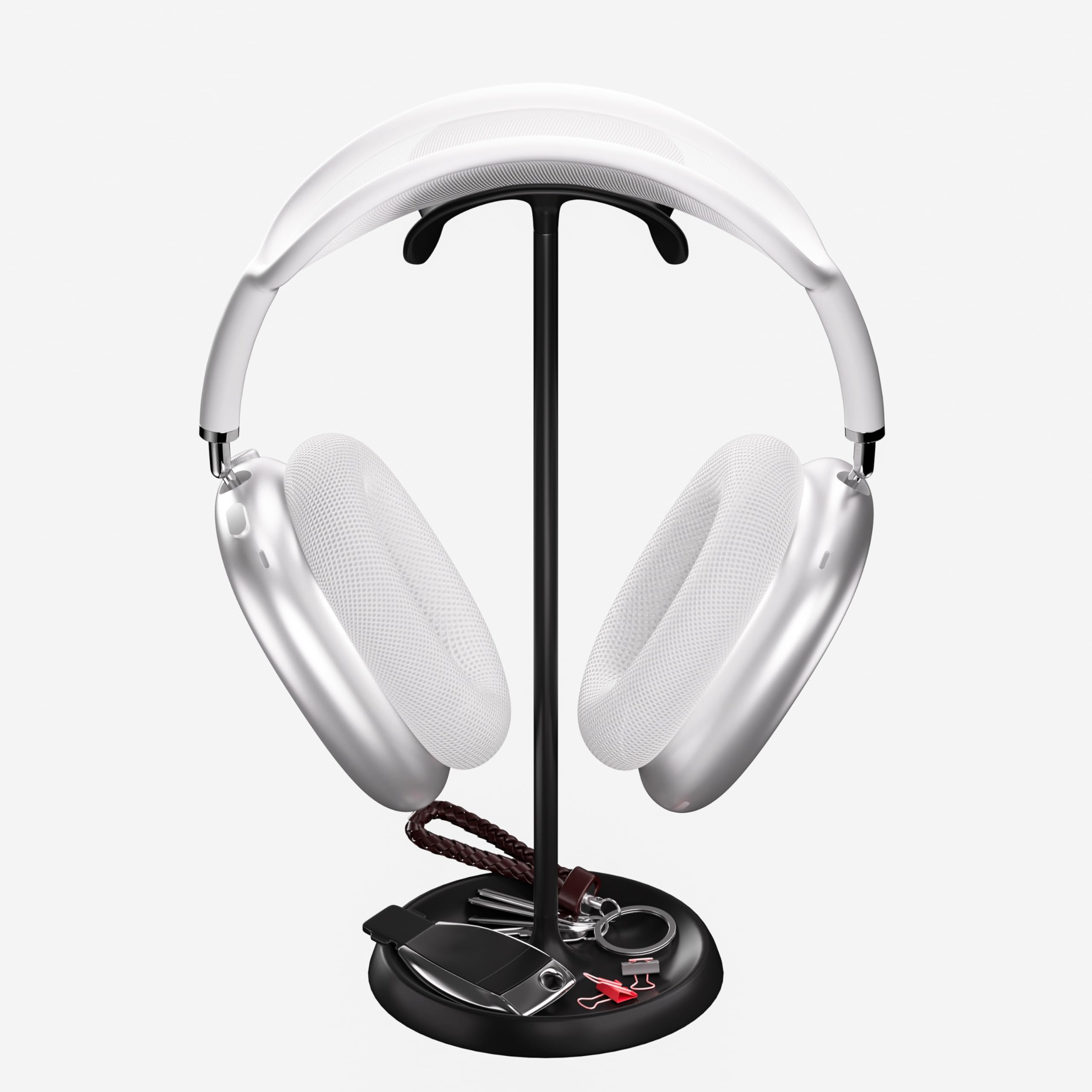 Wigmoa Premium Headphone Stand with Cable Organizer & Storage Tray - Universal Holder for AirPods Max/Pro, Beats, Bose & Gaming Headsets - No Tools Required (Black) - Perfect for Desk, Office & Gaming Setup Organization