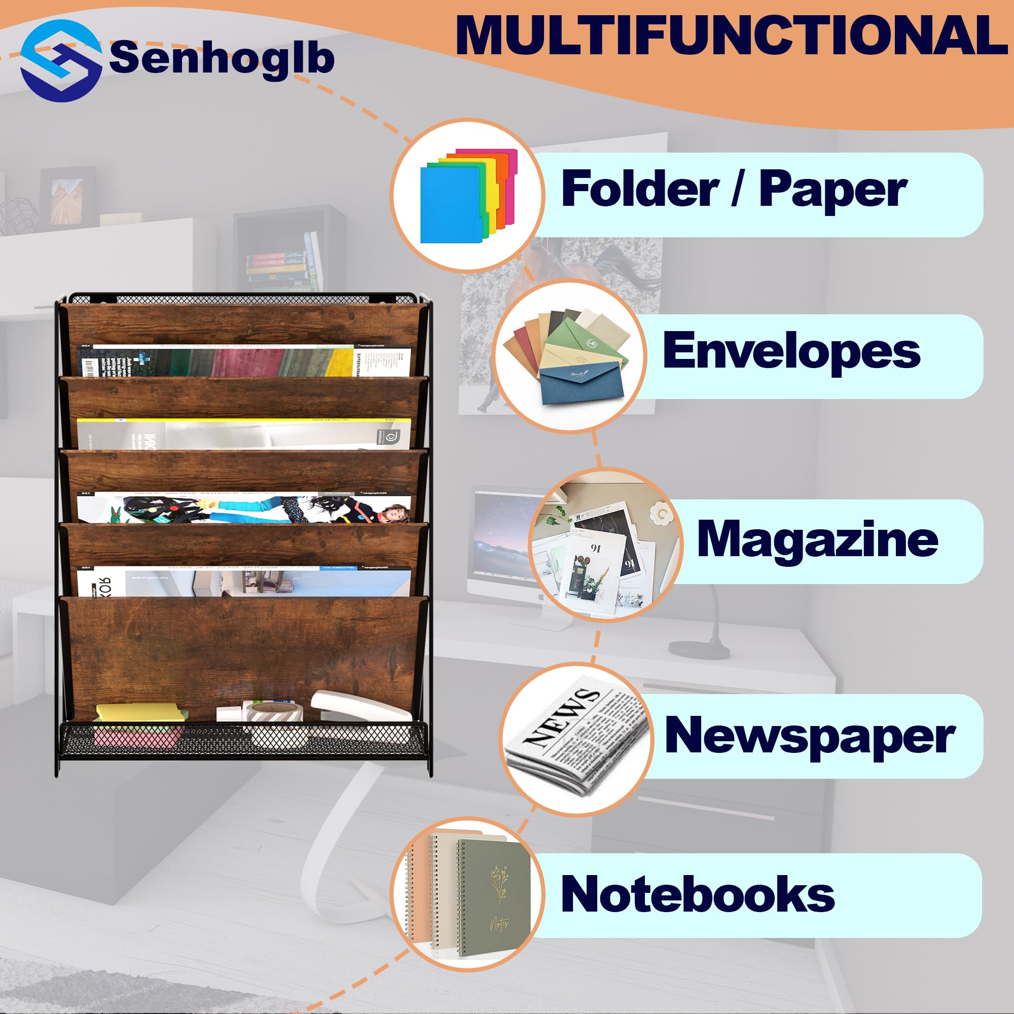 6-Tier Mesh Hanging File Organizer - Wall Mount Magazine & Document Holder with Wood Trays for Office & Home - Perfect for Mail Sorting, Paper Storage & Wall Organization (Brown)