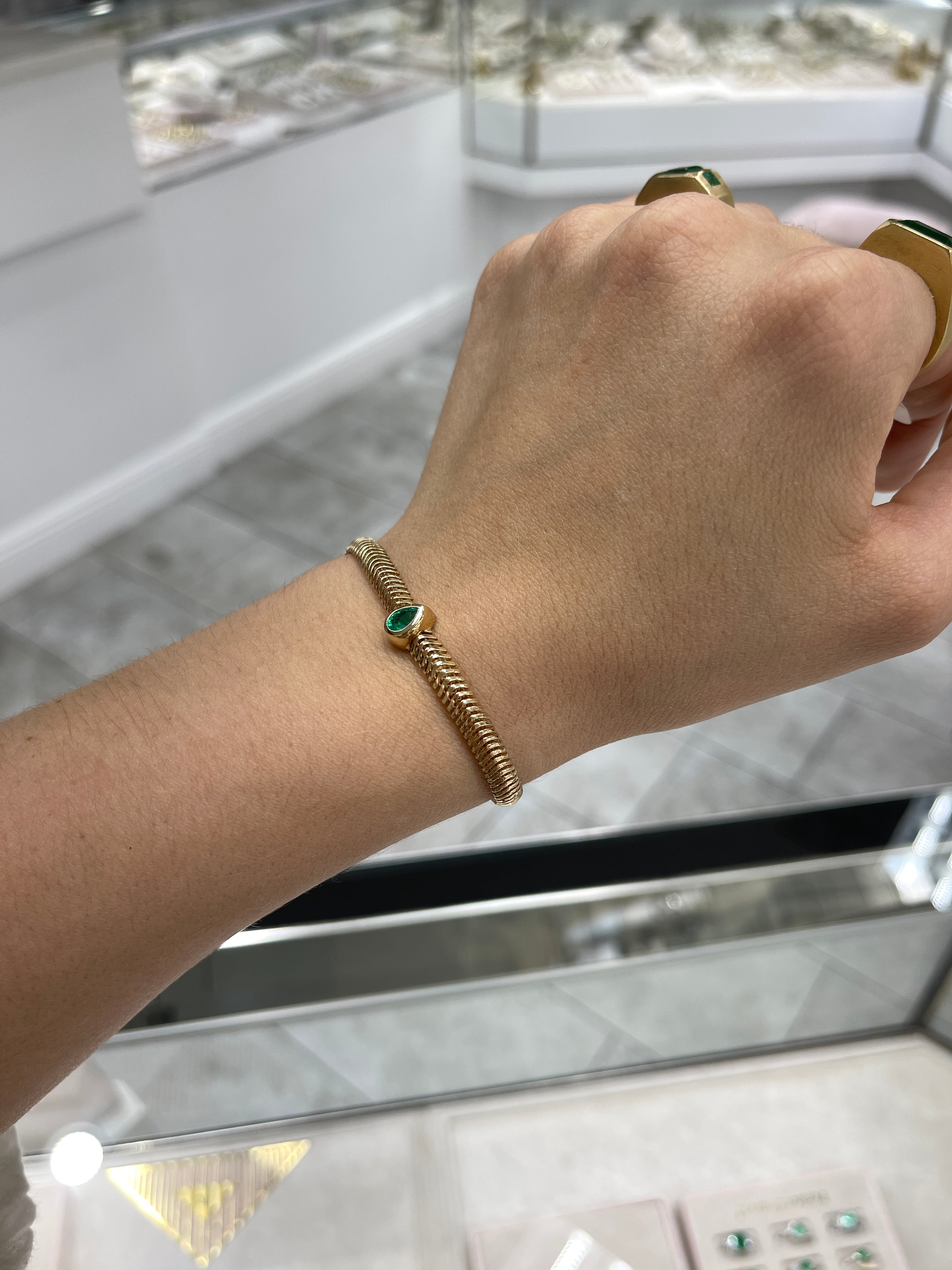 14K Gold Teardrop Emerald & Diamond Snake Chain Bracelet - Elegant Fine Jewelry for Women, 6.5 Inch Adjustable, Perfect for Weddings, Parties & Special Occasions
