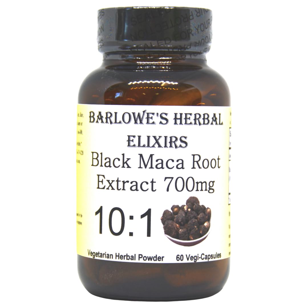 Barlowe's Herbal Elixirs Black Maca Root Extract 700mg - 60 Vegan Capsules (Kosher, Halal Certified) | Peruvian Maca Supplement for Energy, Stamina & Hormonal Balance | Third-Party Tested & Glass Bottle Packaging | Perfect for Daily Wellness & Fitness Routines