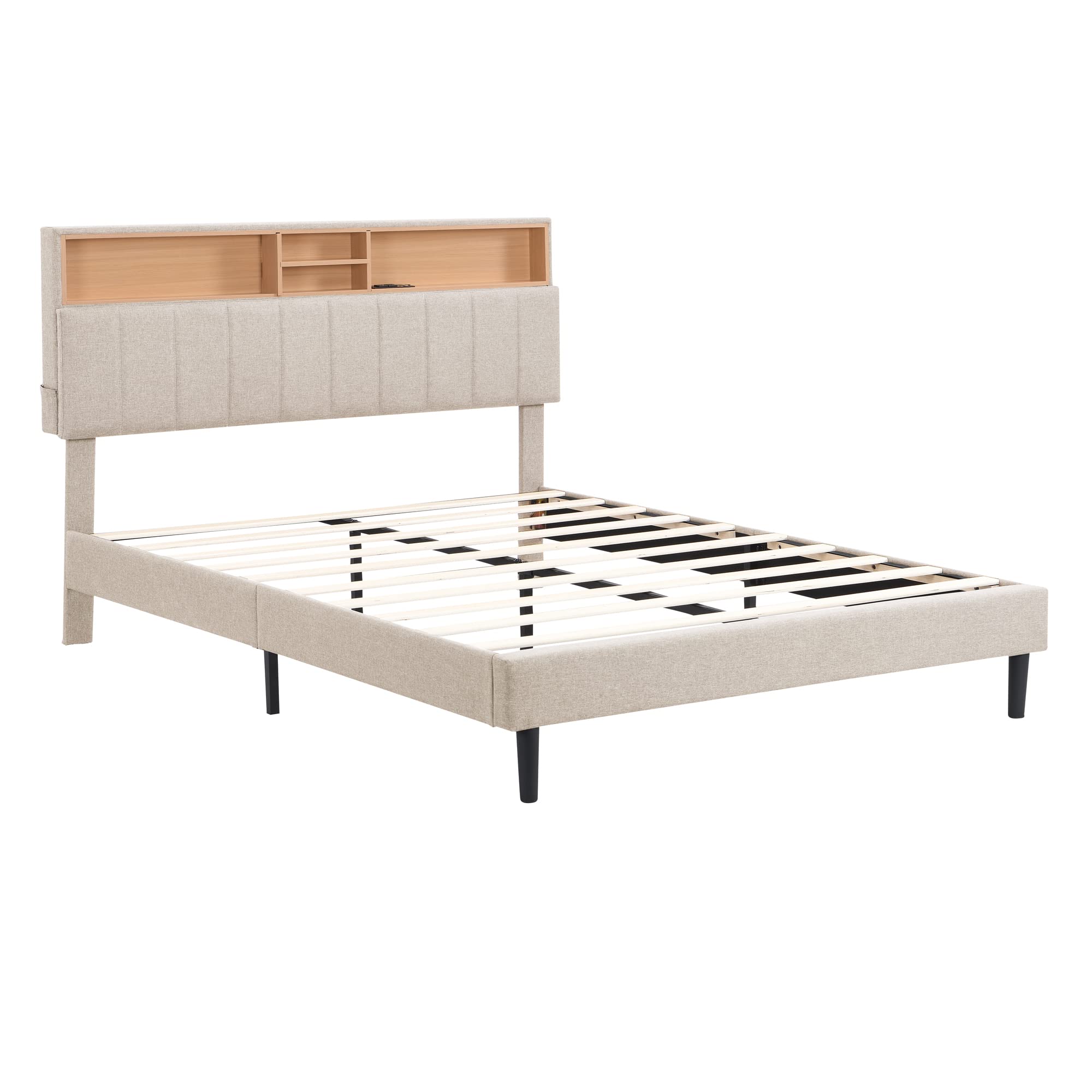 MERITLINE Queen Size Upholstered Platform Bed Frame with Storage Headboard & USB Ports - Linen Fabric Bedroom Furniture, No Box Spring Needed (Beige) | Perfect for Modern Bedrooms, Guest Rooms & Small Spaces