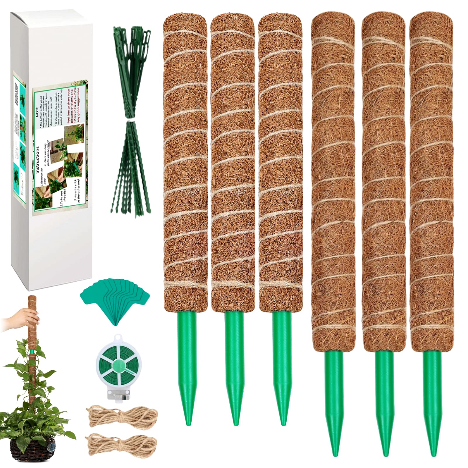 111 Inch Moss Pole for Climbing Plants - 3 Pack (20.5 & 16.5 Inch) Coco Coir Plant Support Stakes with Garden Ties - Ideal for Monstera, Pothos & Indoor Vertical Gardening