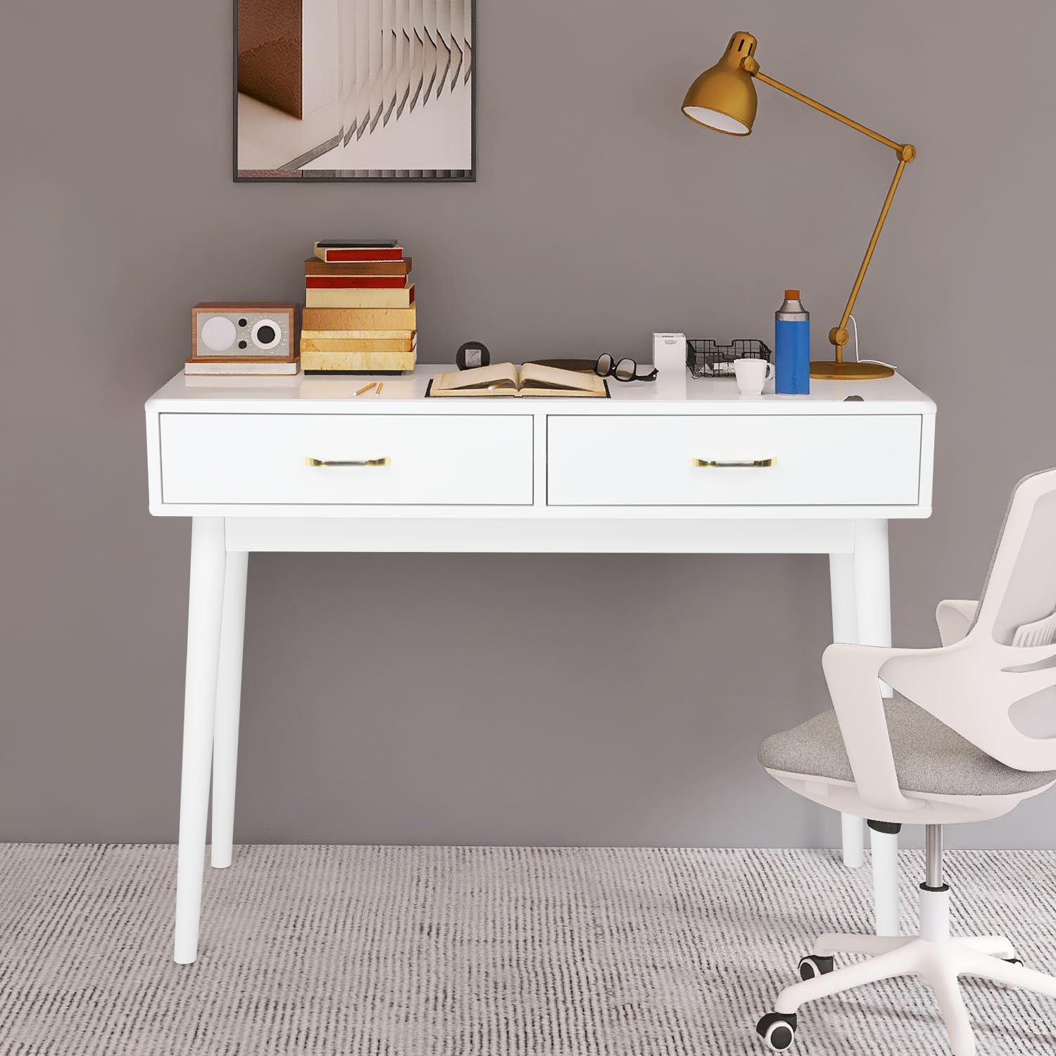 Modern Small White Desk with 2 Drawers - Compact Writing Desk for Small Spaces, Home Office & Study Desk, Laptop Computer Workstation, Bedroom Makeup Vanity Table (White) - Perfect for Apartments, Dorms & Home Offices