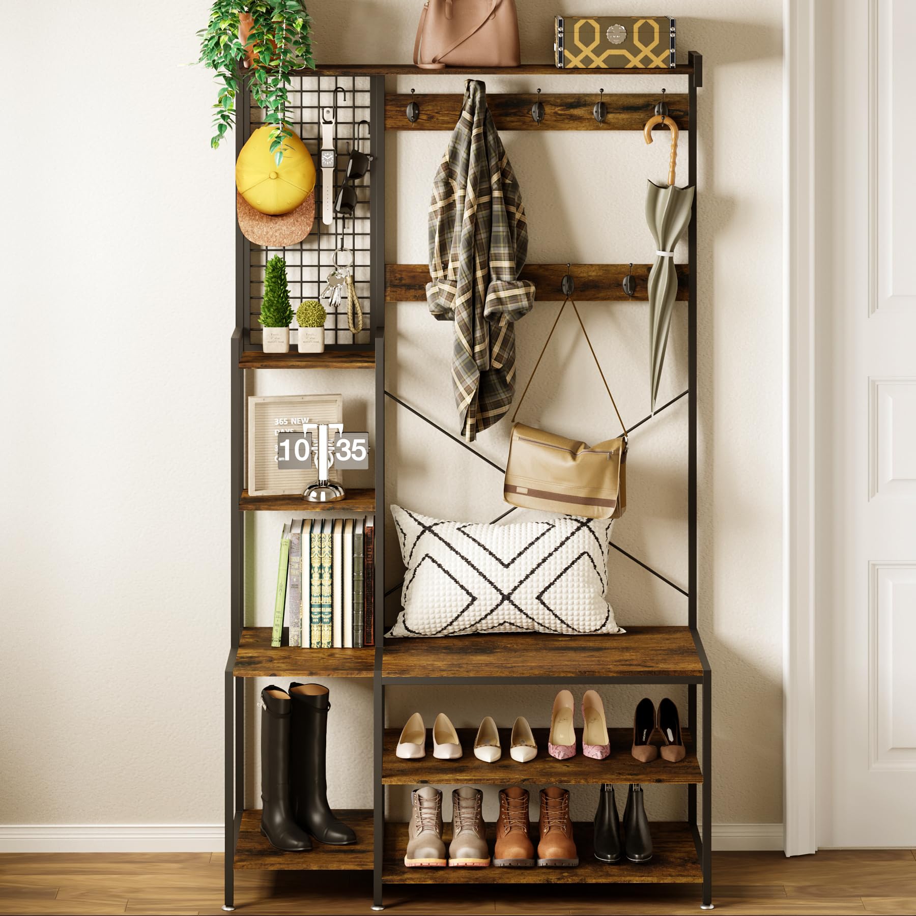 AMBIRD Entryway Hall Tree with Shoe Storage Bench - Coat Rack with 9 Hooks, Metal Grid Panel & Shelves - Rustic Brown & Ink Black (41