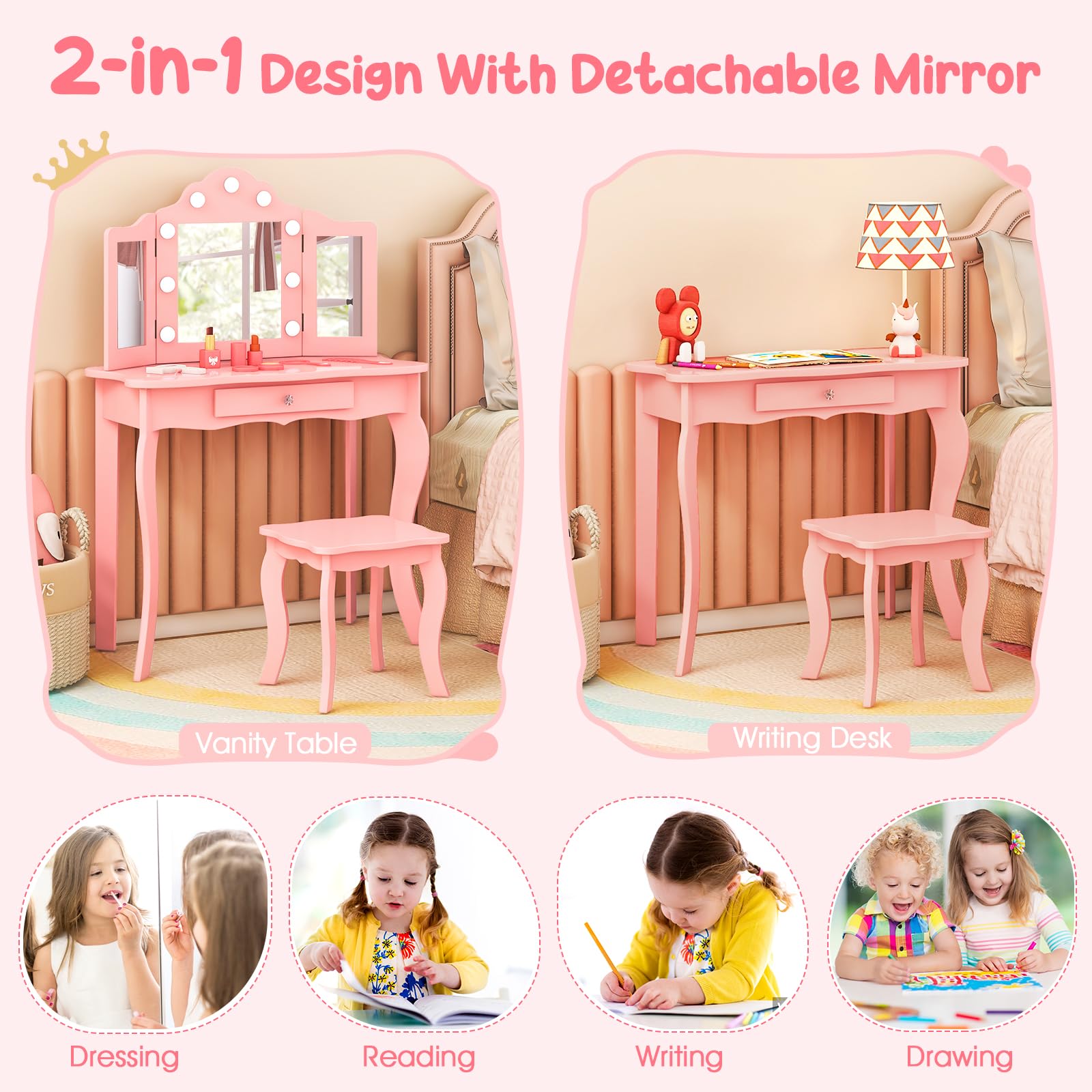 AKUSTIK Kids Vanity with LED Lights - 2-in-1 Wooden Dressing Table & Chair Set with Tri-Fold Mirror, Stool & Storage Drawer - Princess Pretend Play Beauty Kit - Perfect Gift for Toddler Girls (Ideal for Bedroom Play, Birthday Presents & Role-Playing Activities)