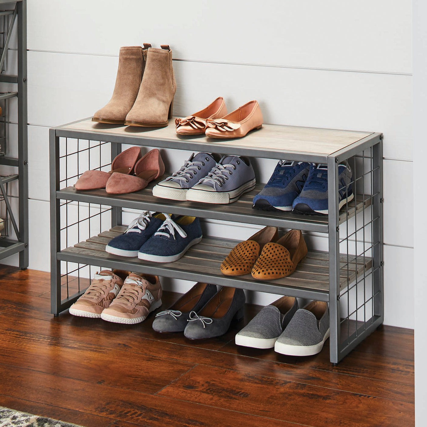 Better Homes & Gardens Gunmetal Grey Wood and Metal Shoe Rack - Stylish Storage Organizer for Entryway, Closet & Mudroom Organization